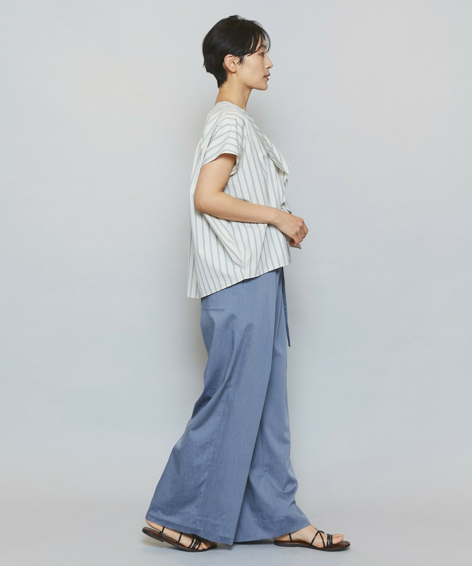 【MOGA】【Lサイズ】ミディアムストライプカスケードフリルブラウス 詳細画像 オフホワイト 12