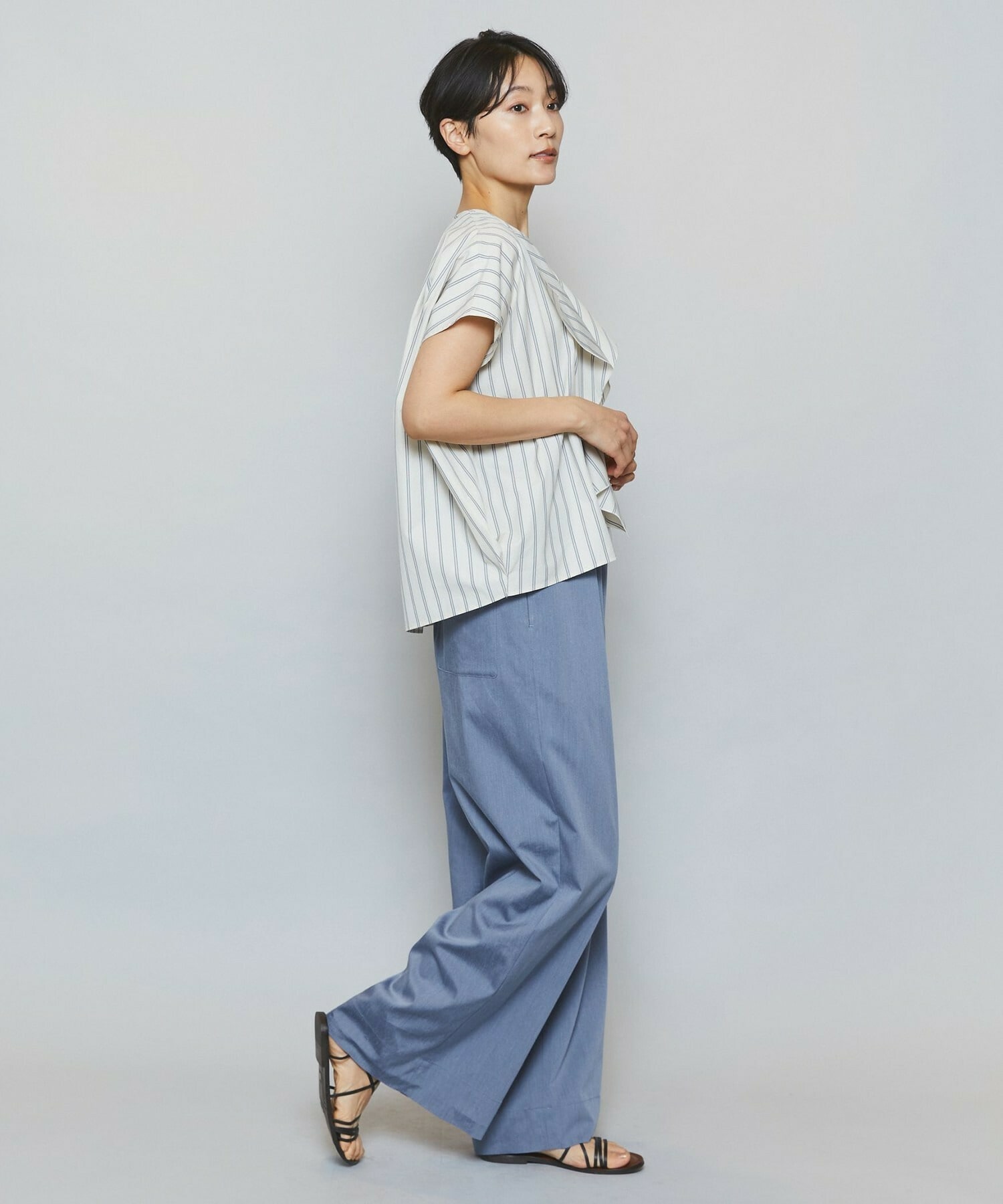 【MOGA】【Lサイズ】ミディアムストライプカスケードフリルブラウス 詳細画像 オフホワイト 13