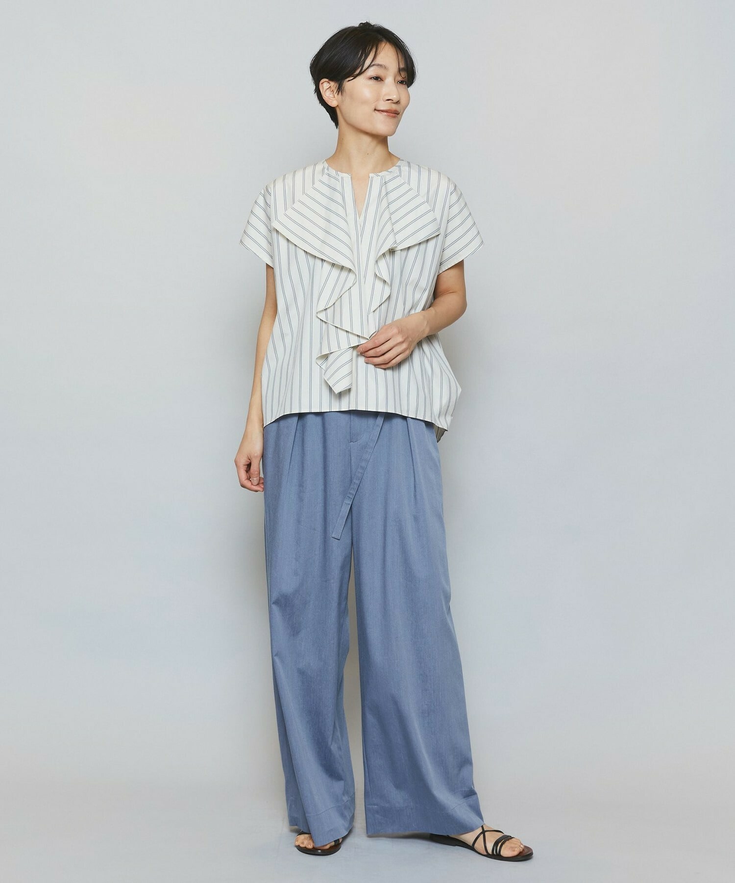 【MOGA】【Lサイズ】ミディアムストライプカスケードフリルブラウス 詳細画像 オフホワイト 14