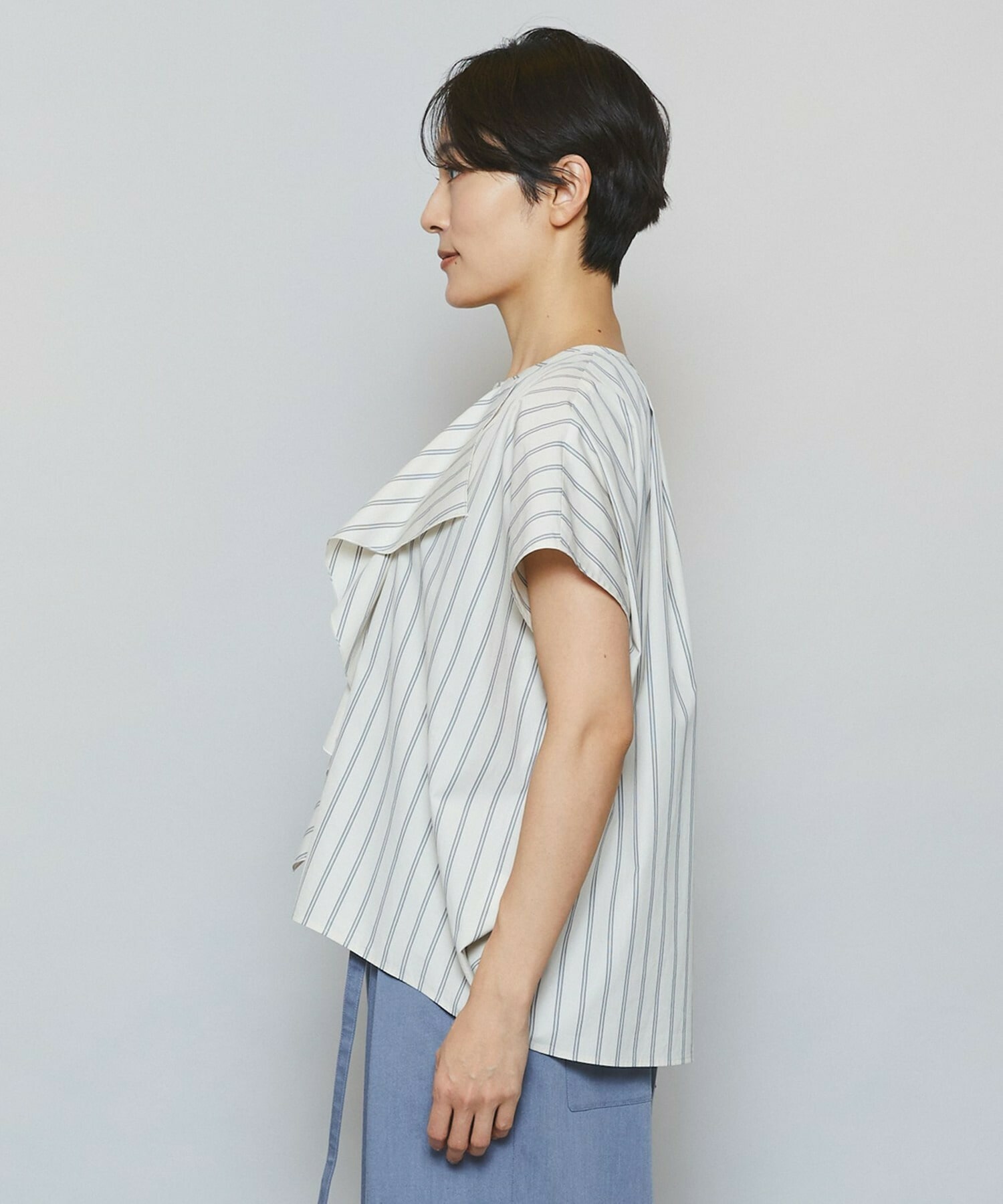 【MOGA】【Lサイズ】ミディアムストライプカスケードフリルブラウス 詳細画像 オフホワイト 17