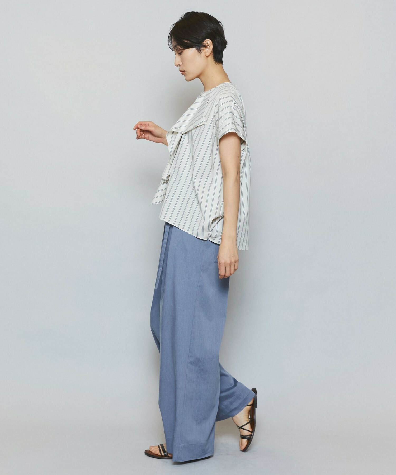 【MOGA】【Lサイズ】ミディアムストライプカスケードフリルブラウス 詳細画像 オフホワイト 7