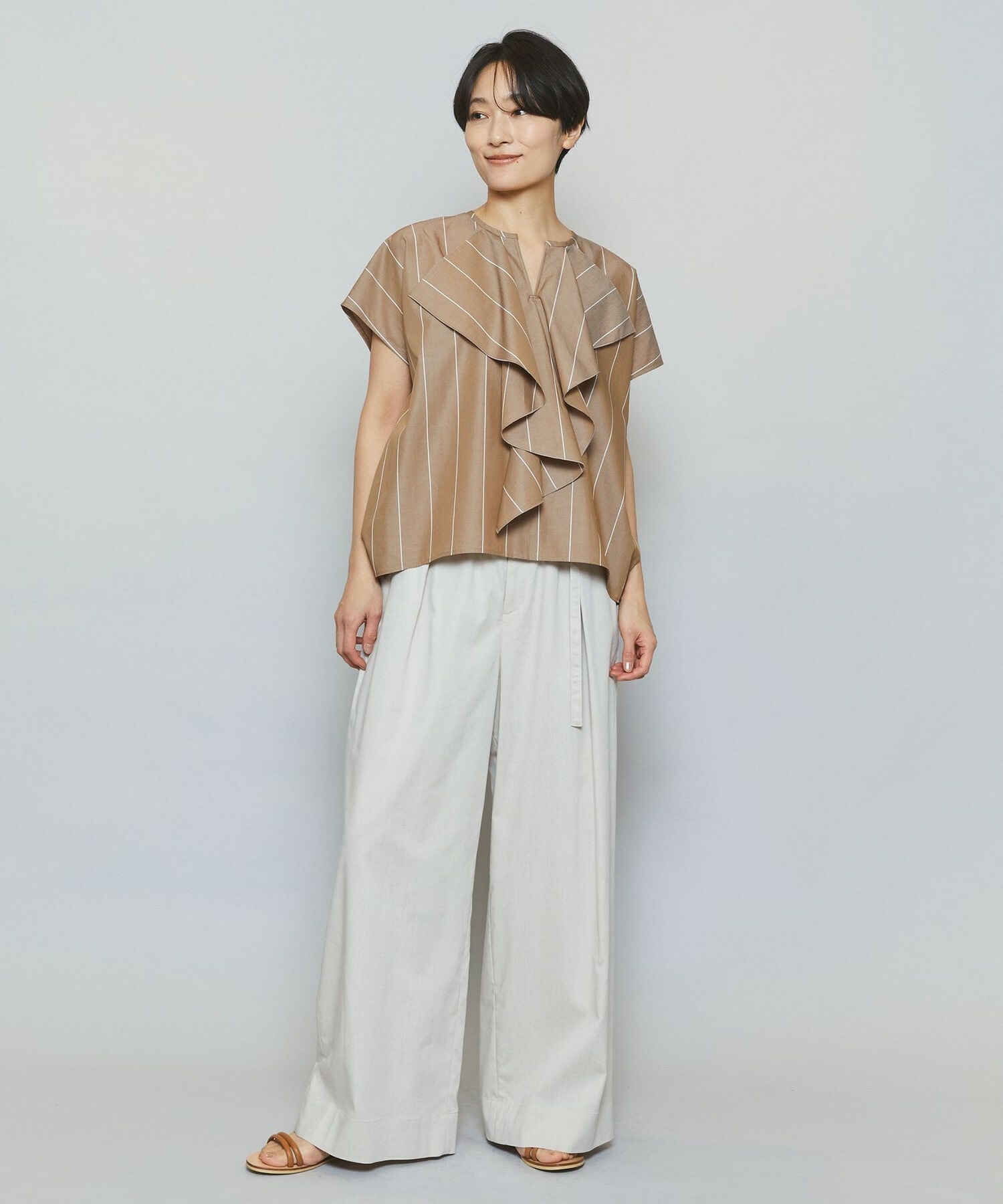 【MOGA】【Lサイズ】ラージストライプカスケードフリルブラウス 詳細画像 ブラウン系その他 1