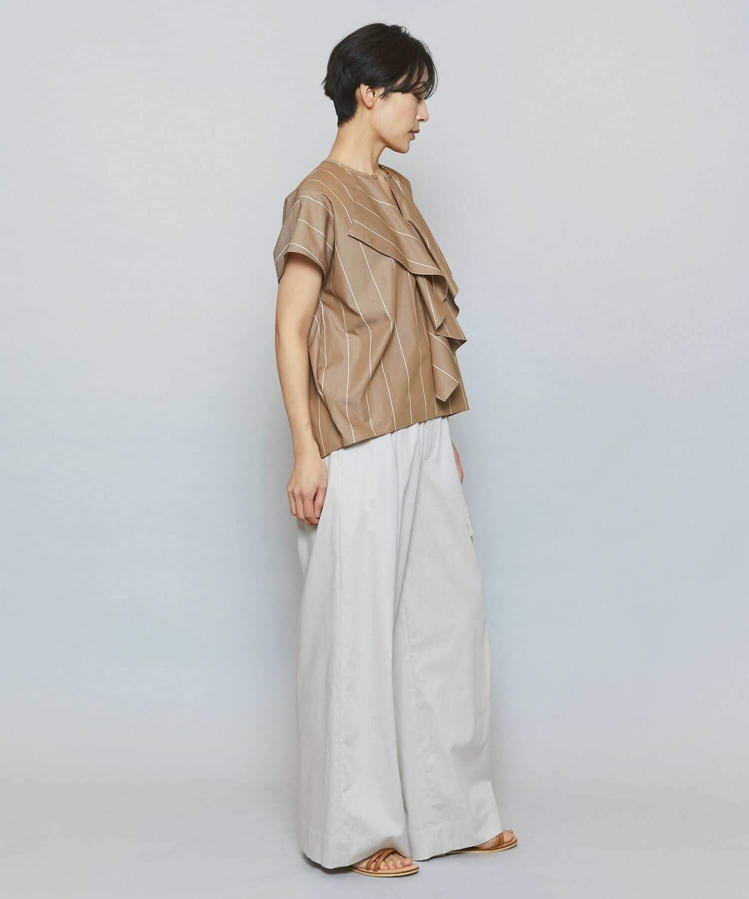 【MOGA】【Lサイズ】ラージストライプカスケードフリルブラウス 詳細画像 ブラウン系その他 13