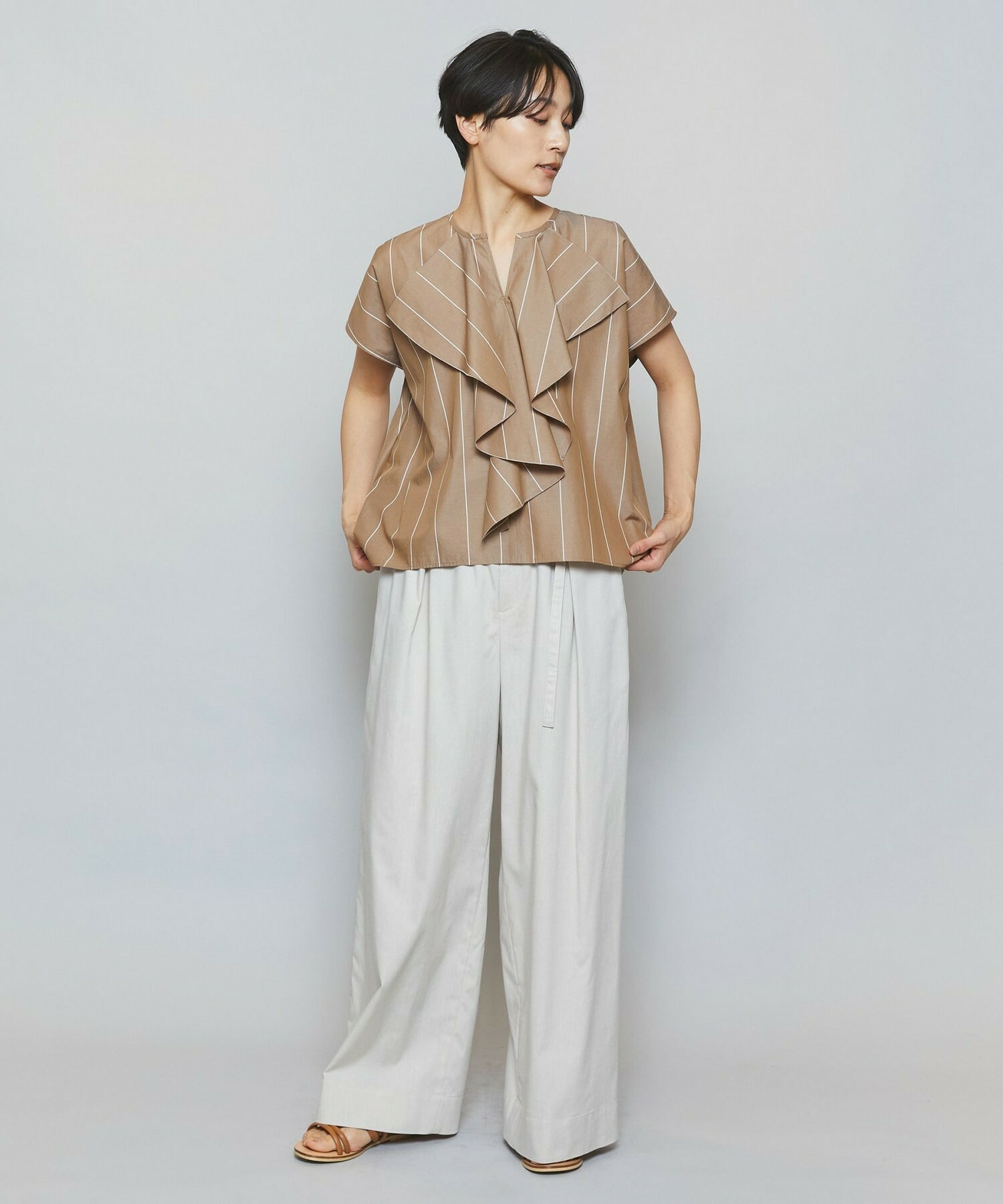 【MOGA】【Lサイズ】ラージストライプカスケードフリルブラウス 詳細画像 ブラウン系その他 14