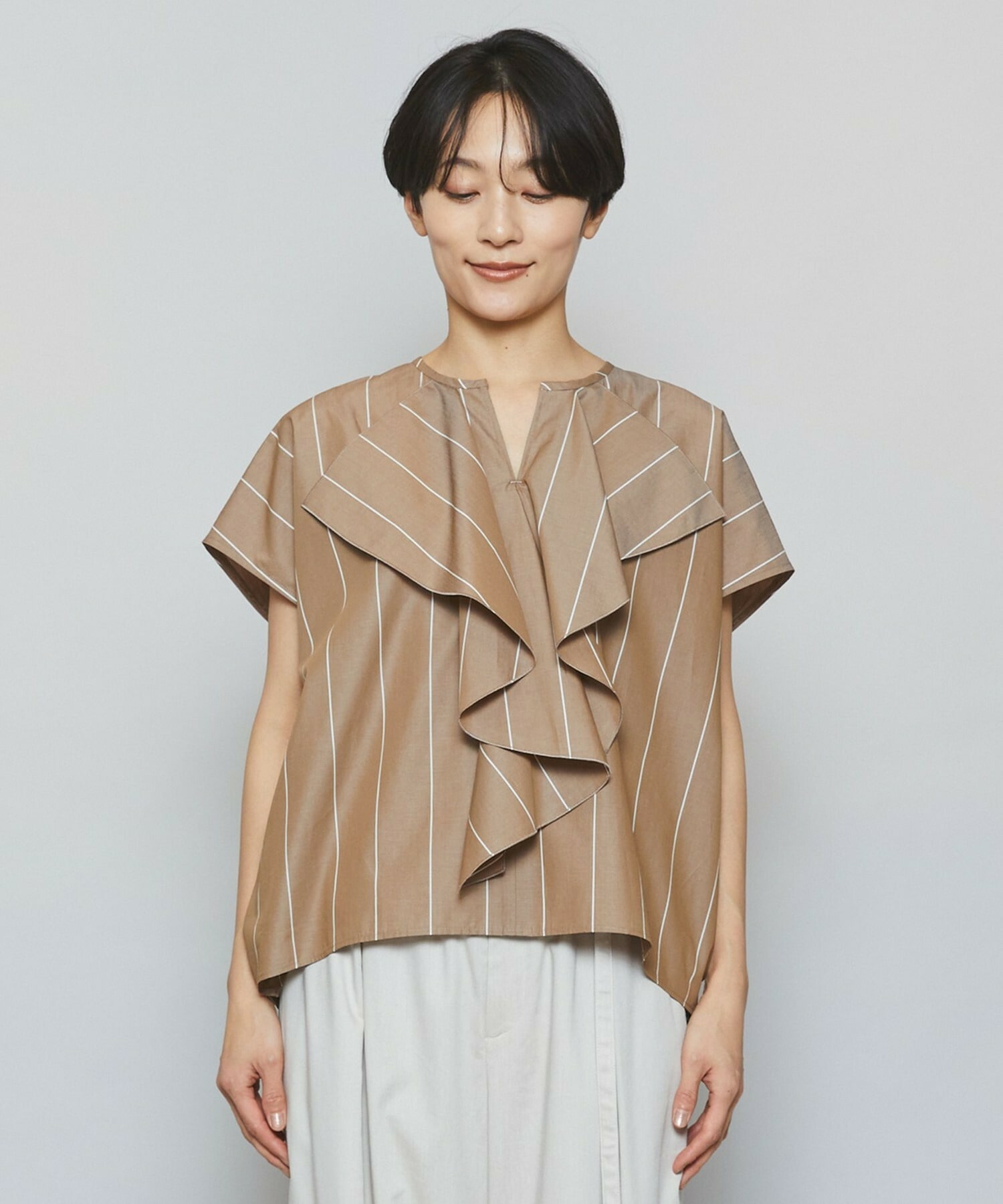 【MOGA】【Lサイズ】ラージストライプカスケードフリルブラウス 詳細画像 ブラウン系その他 16