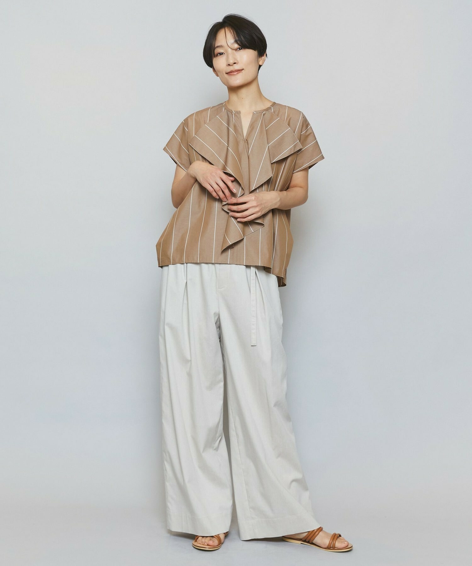 【MOGA】【Lサイズ】ラージストライプカスケードフリルブラウス 詳細画像 ブラウン系その他 3