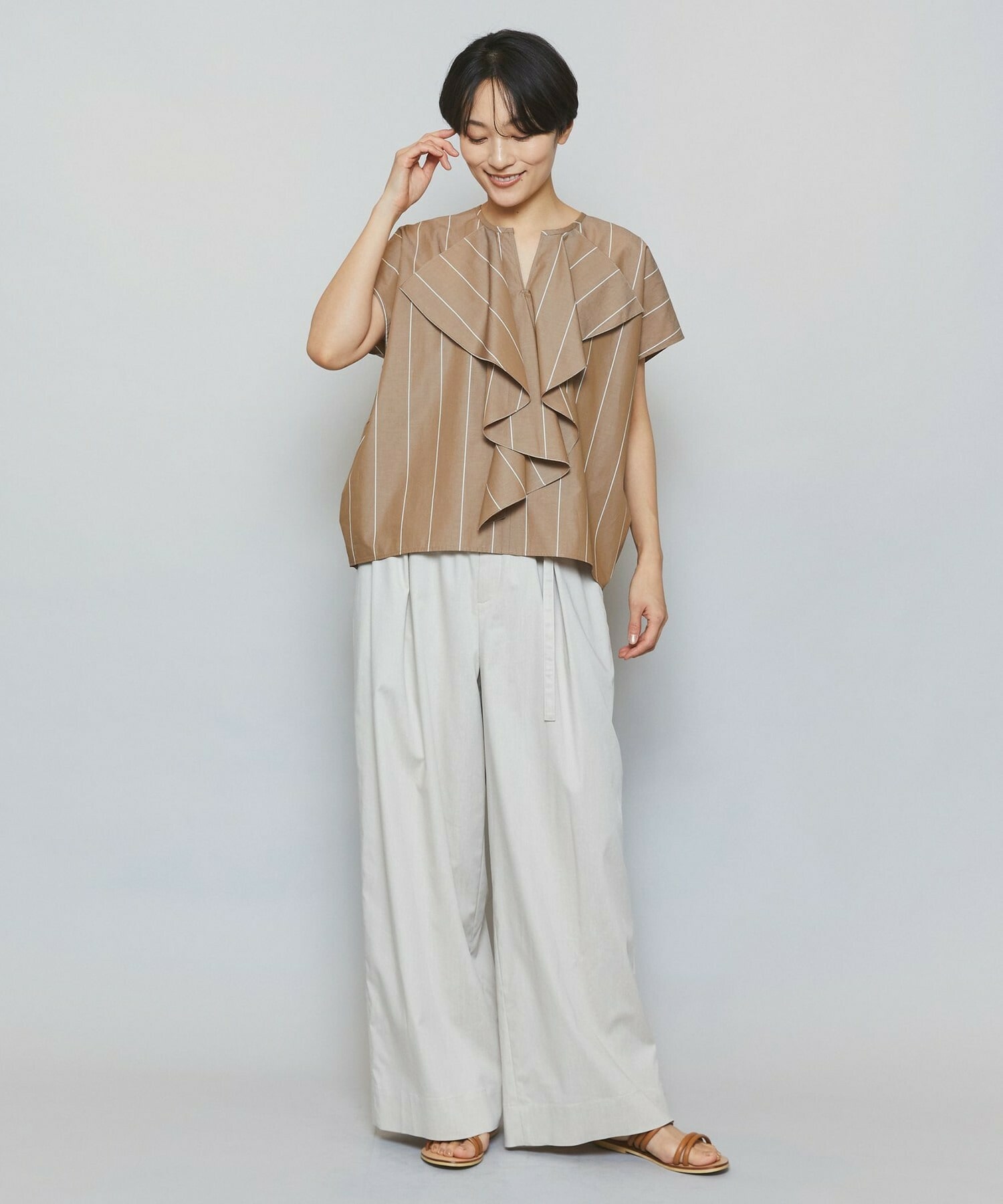 【MOGA】【Lサイズ】ラージストライプカスケードフリルブラウス 詳細画像 ブラウン系その他 4