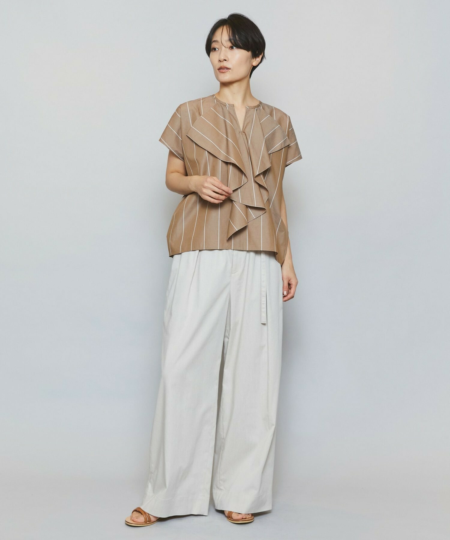 【MOGA】【Lサイズ】ラージストライプカスケードフリルブラウス 詳細画像 ブラウン系その他 5