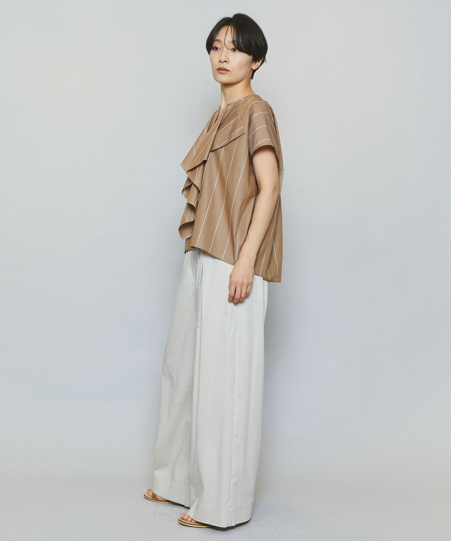 【MOGA】【Lサイズ】ラージストライプカスケードフリルブラウス 詳細画像 ブラウン系その他 6