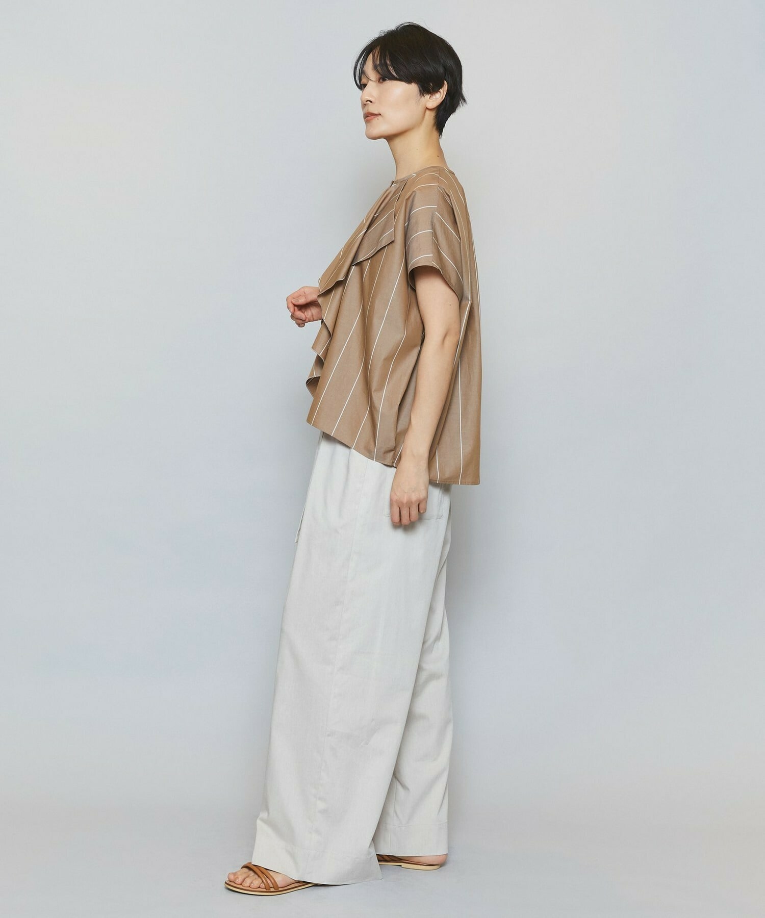 【MOGA】【Lサイズ】ラージストライプカスケードフリルブラウス 詳細画像 ブラウン系その他 7