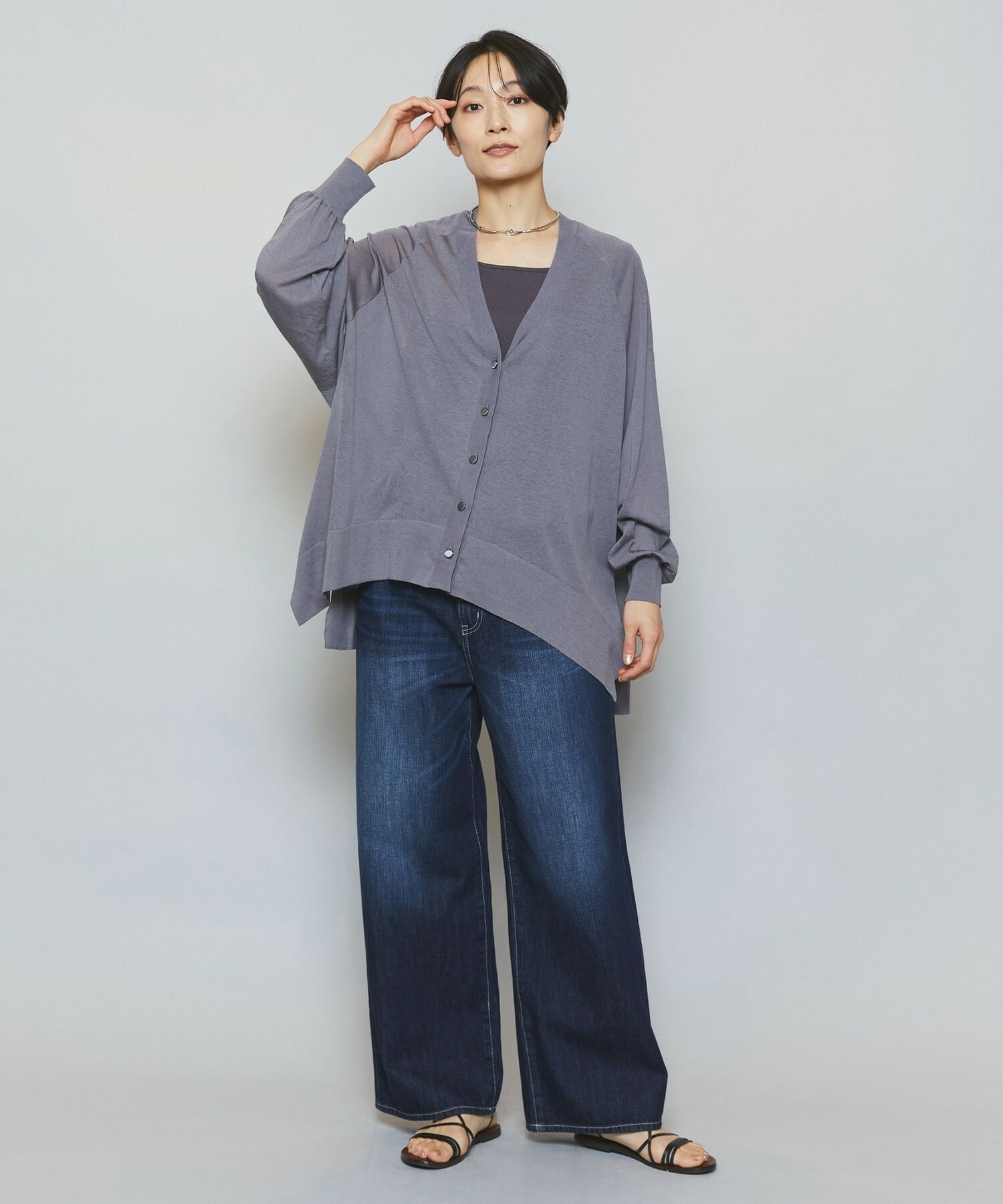 【MOGA】【Lサイズ】ハイゲージシアーラグランスリーブカーディガン 詳細画像 ブラック 12