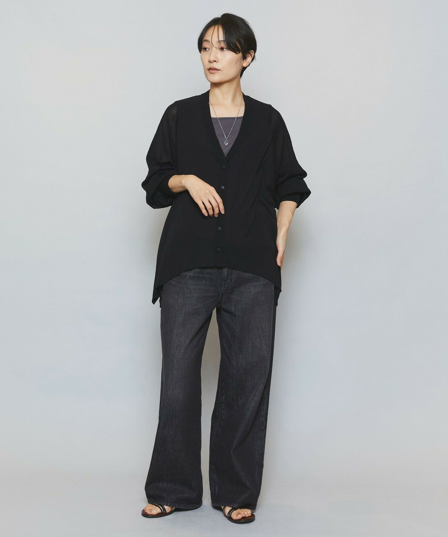 【MOGA】【Lサイズ】ハイゲージシアーラグランスリーブカーディガン 詳細画像 ブラック 2