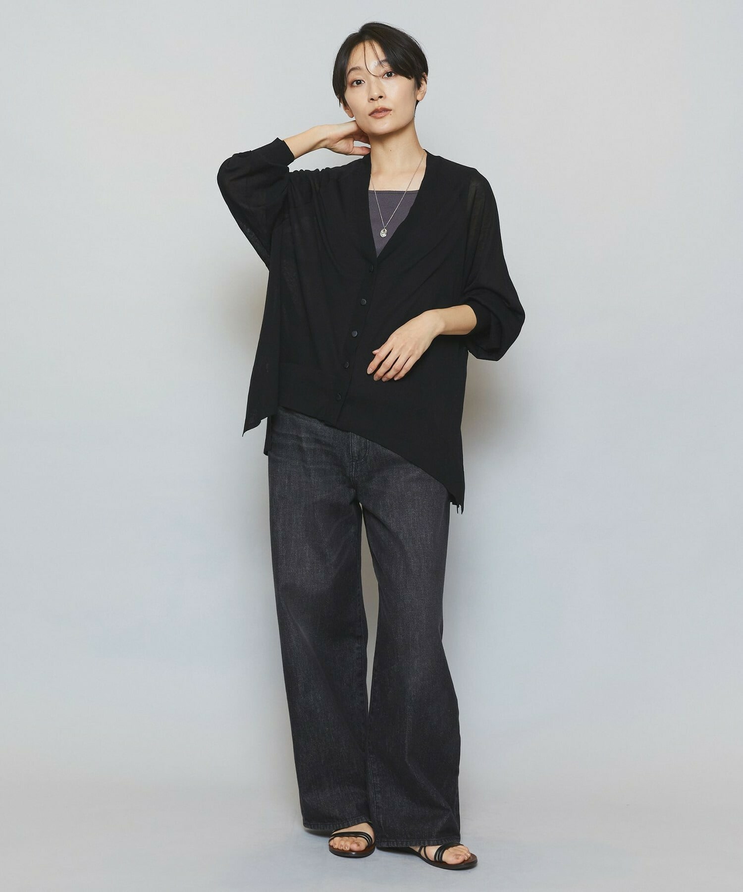 【MOGA】【Lサイズ】ハイゲージシアーラグランスリーブカーディガン 詳細画像 ブラック 3