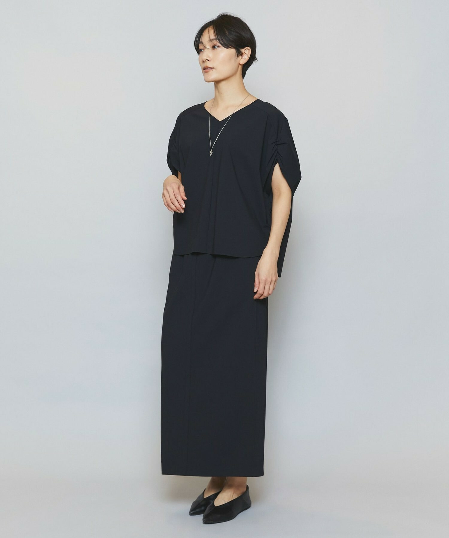 【MOGA】【Lサイズ】クールトリコットVネックドルマンスリーブトップス 詳細画像 ブラック 3