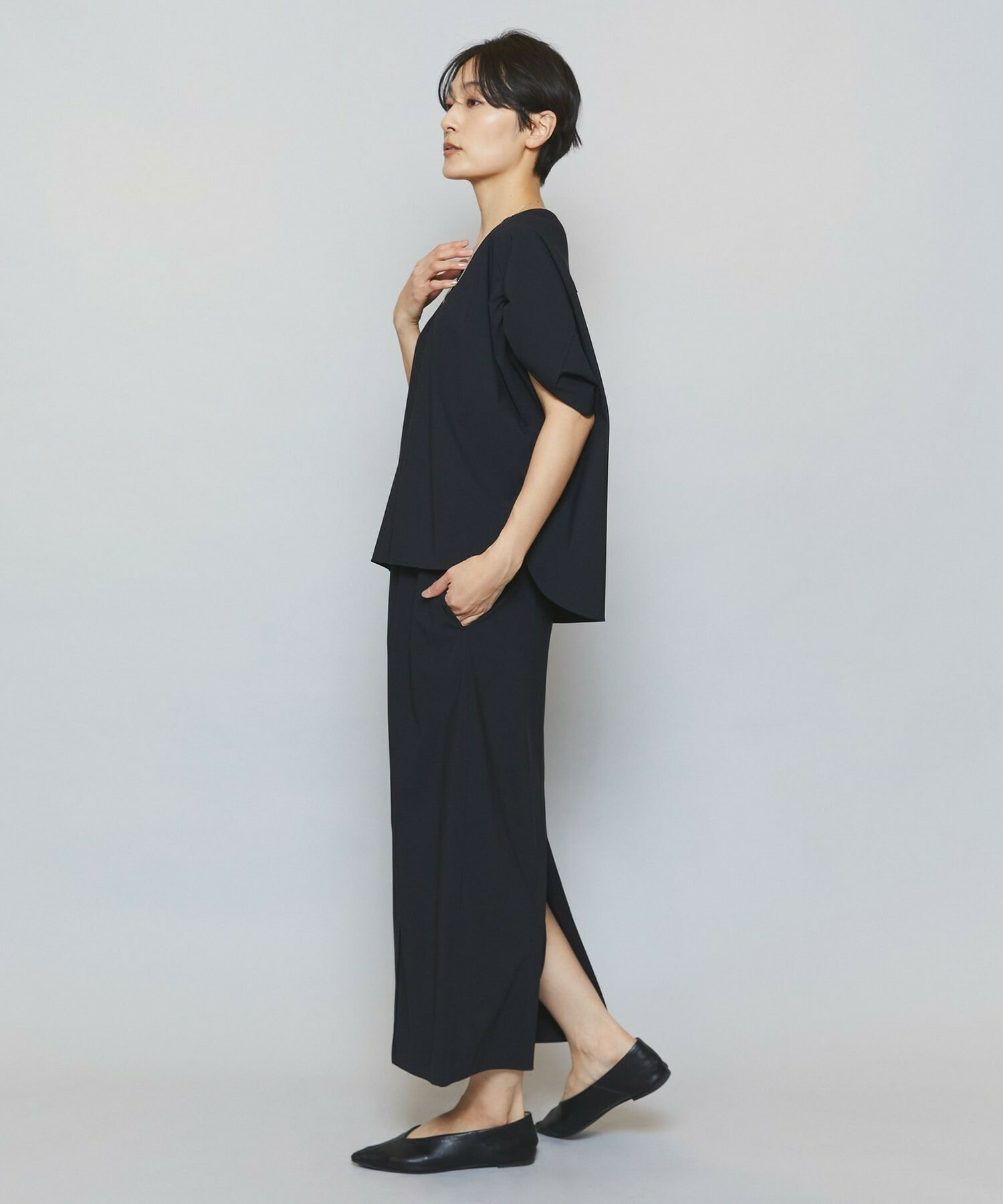 【MOGA】【Lサイズ】クールトリコットVネックドルマンスリーブトップス 詳細画像 ブラック 6