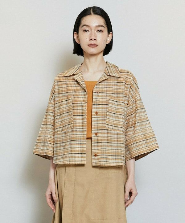 【Lサイズ】コットンシルクチェックシャツブラウス 詳細画像 ベージュ 2