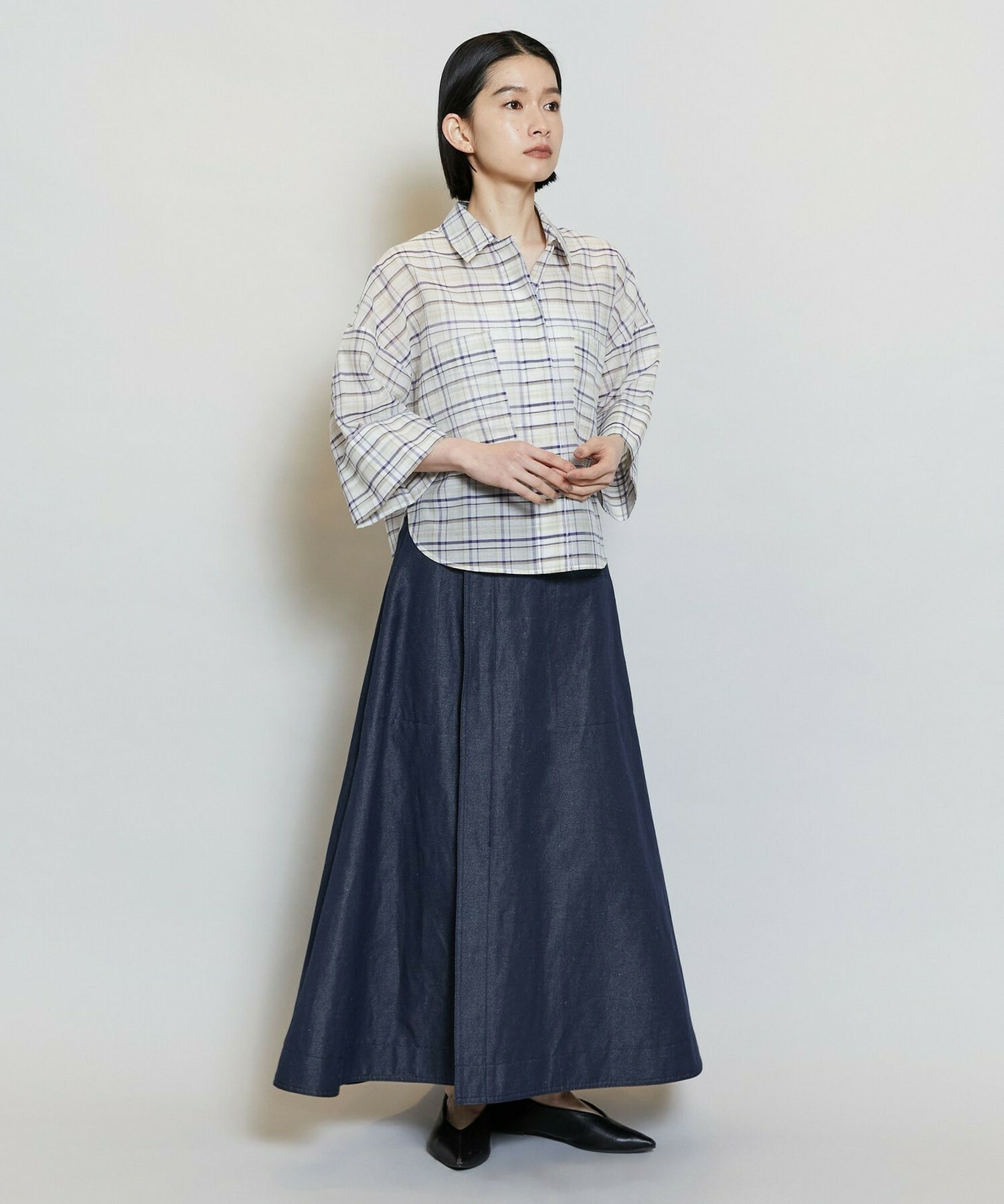 【MOGA】【Lサイズ】コットンシルクチェックシャツブラウス 詳細画像 ベージュ 10