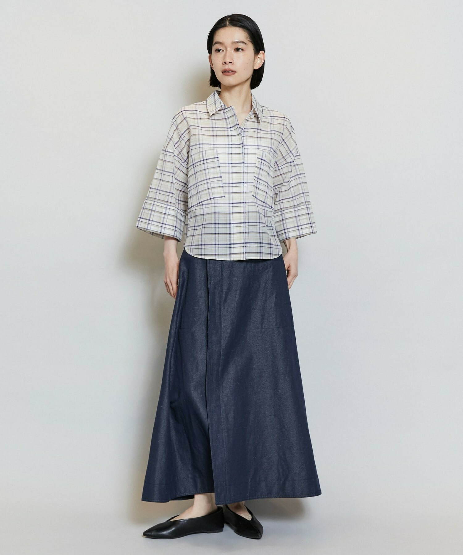 【MOGA】【Lサイズ】コットンシルクチェックシャツブラウス 詳細画像 ベージュ 11