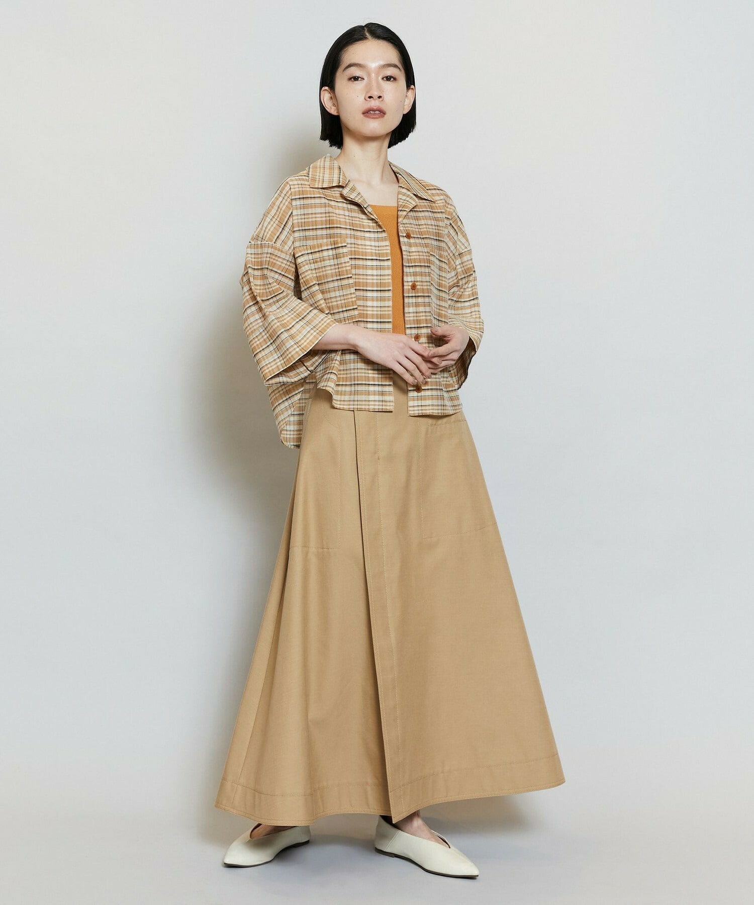 【MOGA】【Lサイズ】コットンシルクチェックシャツブラウス 詳細画像 ベージュ 12