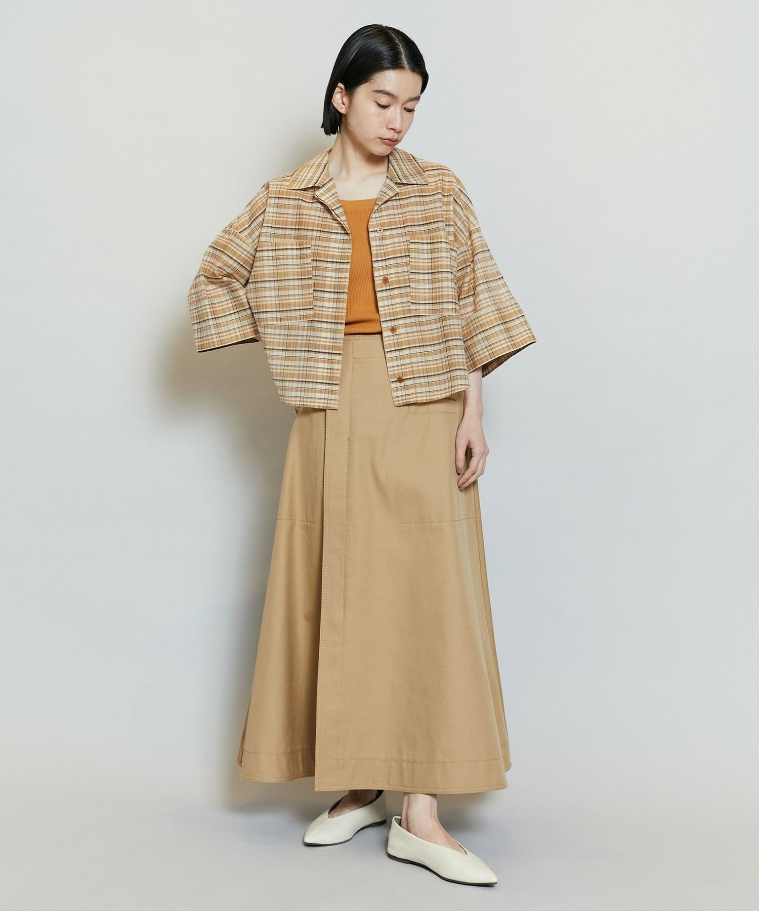 【MOGA】【Lサイズ】コットンシルクチェックシャツブラウス 詳細画像 ベージュ 15