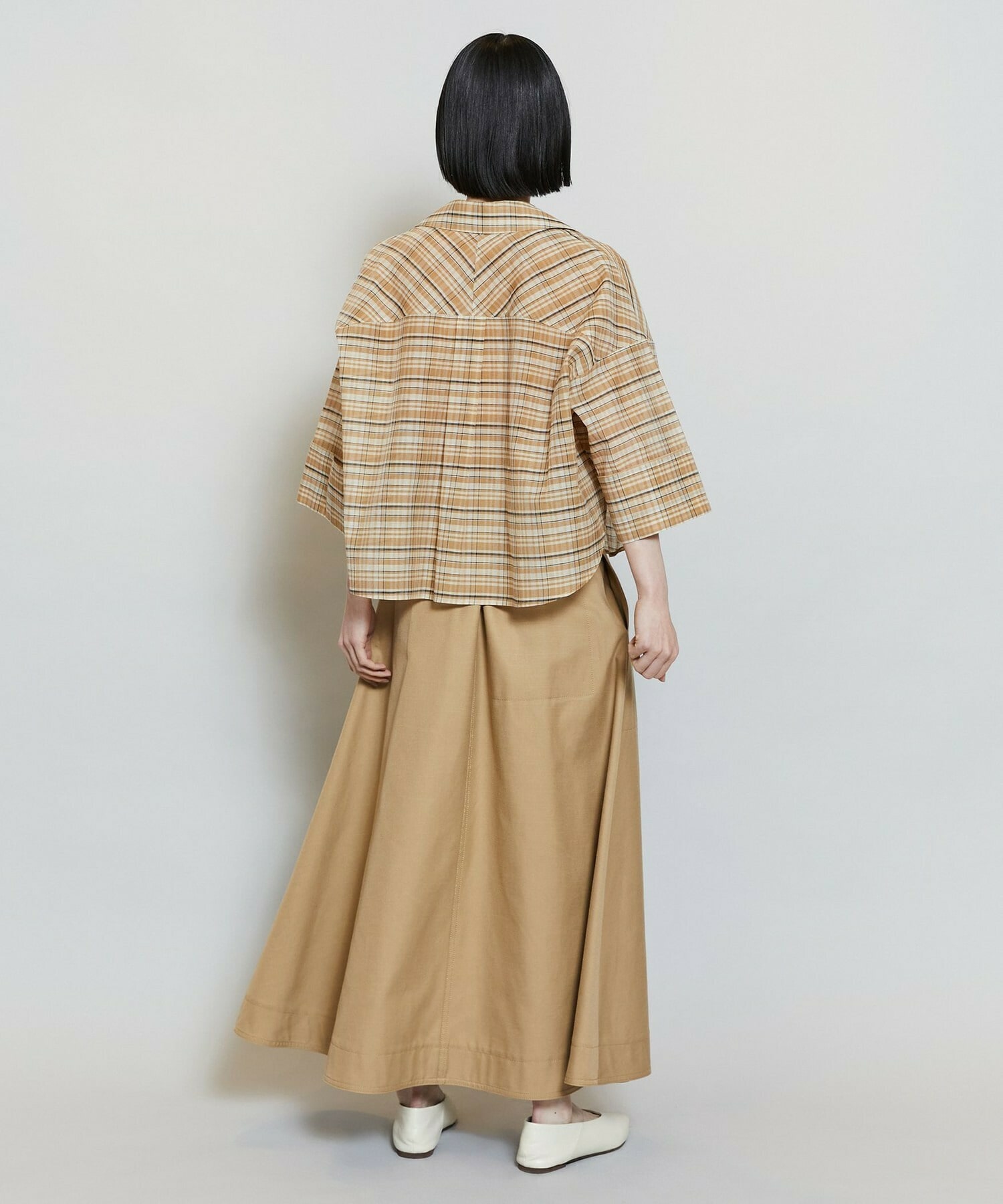 【MOGA】【Lサイズ】コットンシルクチェックシャツブラウス 詳細画像 ベージュ 17