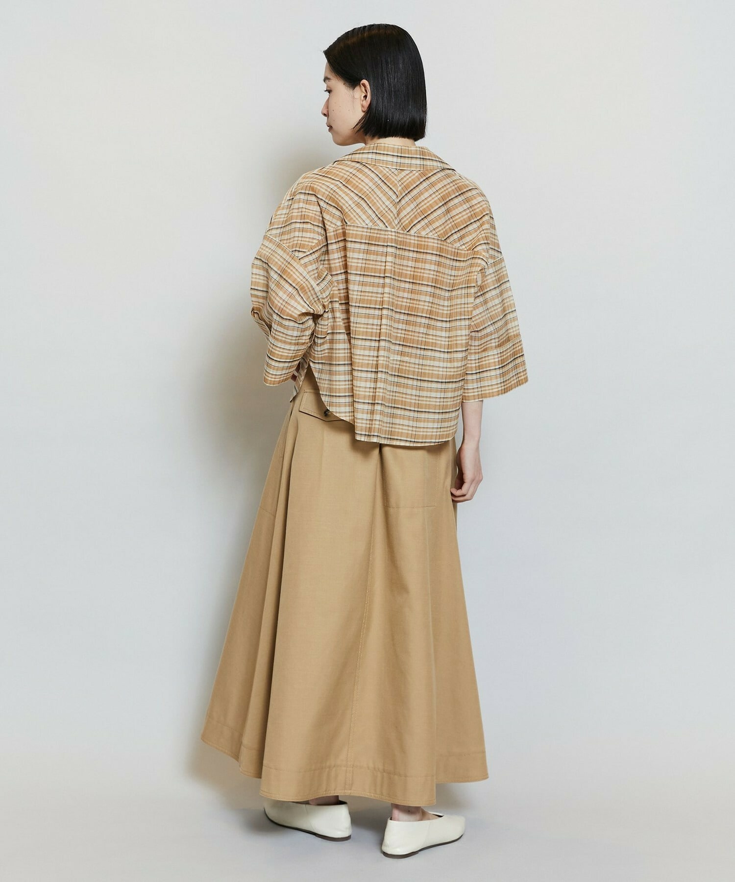 【MOGA】【Lサイズ】コットンシルクチェックシャツブラウス 詳細画像 ベージュ 18