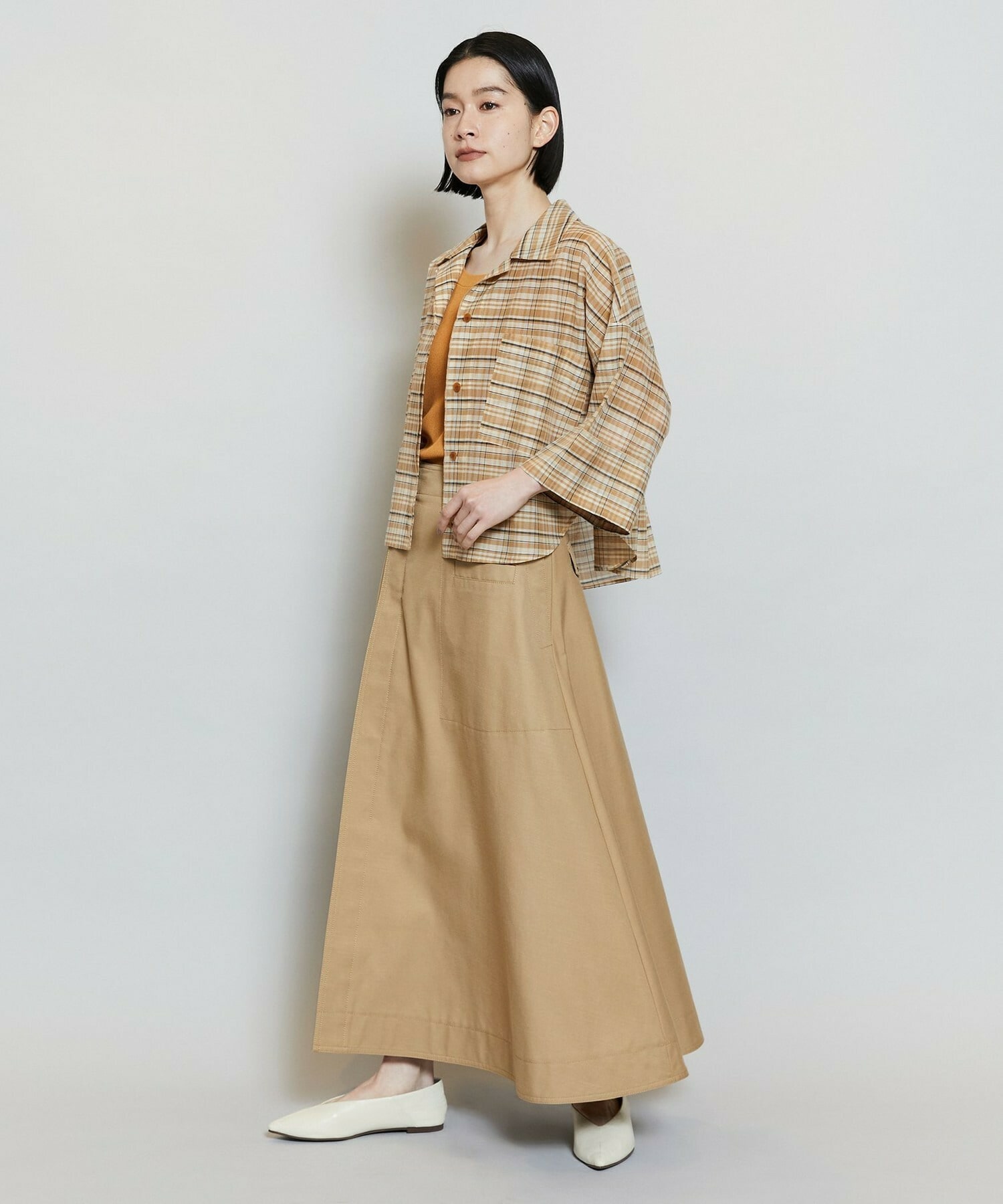 【MOGA】【Lサイズ】コットンシルクチェックシャツブラウス 詳細画像 ベージュ 19