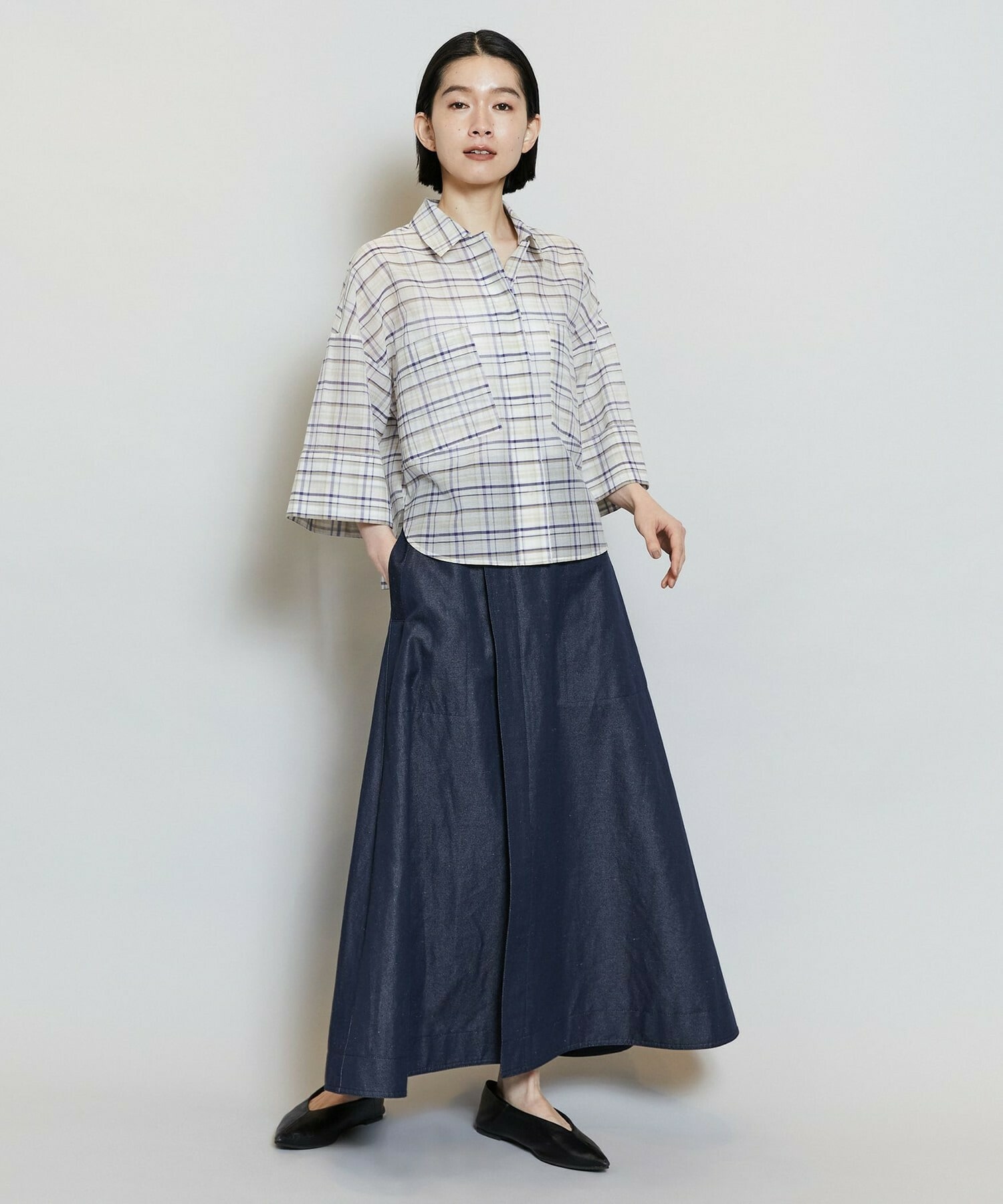 【MOGA】【Lサイズ】コットンシルクチェックシャツブラウス 詳細画像 ベージュ 2