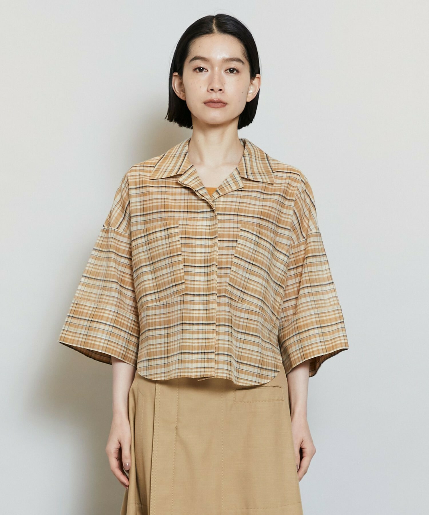 【MOGA】【Lサイズ】コットンシルクチェックシャツブラウス 詳細画像 ベージュ 21