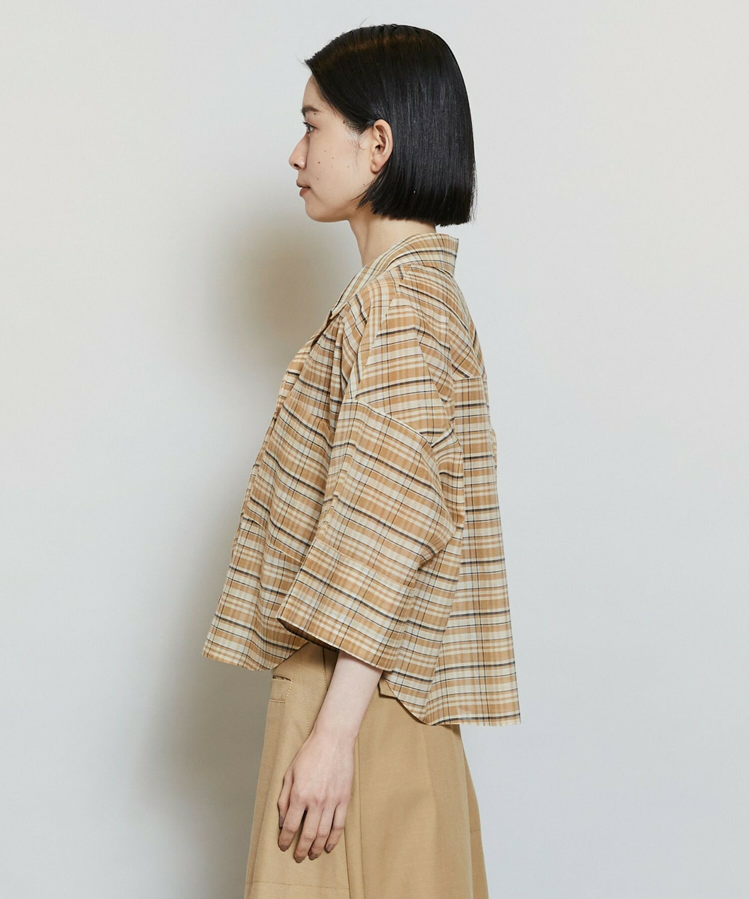 【MOGA】【Lサイズ】コットンシルクチェックシャツブラウス 詳細画像 ベージュ 22