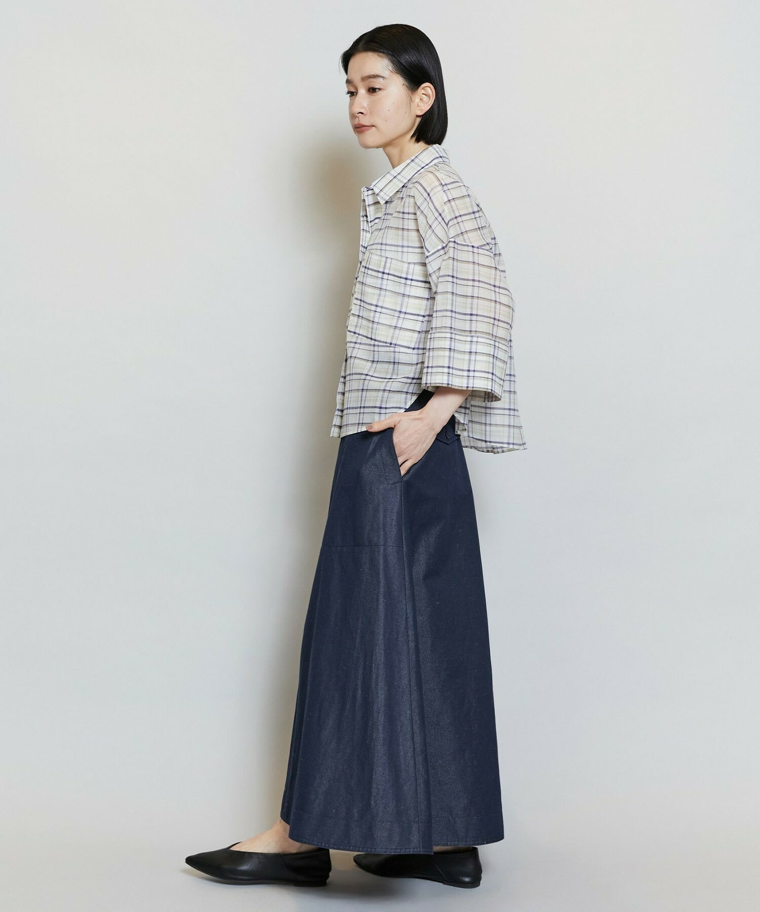 【MOGA】【Lサイズ】コットンシルクチェックシャツブラウス 詳細画像 ベージュ 5