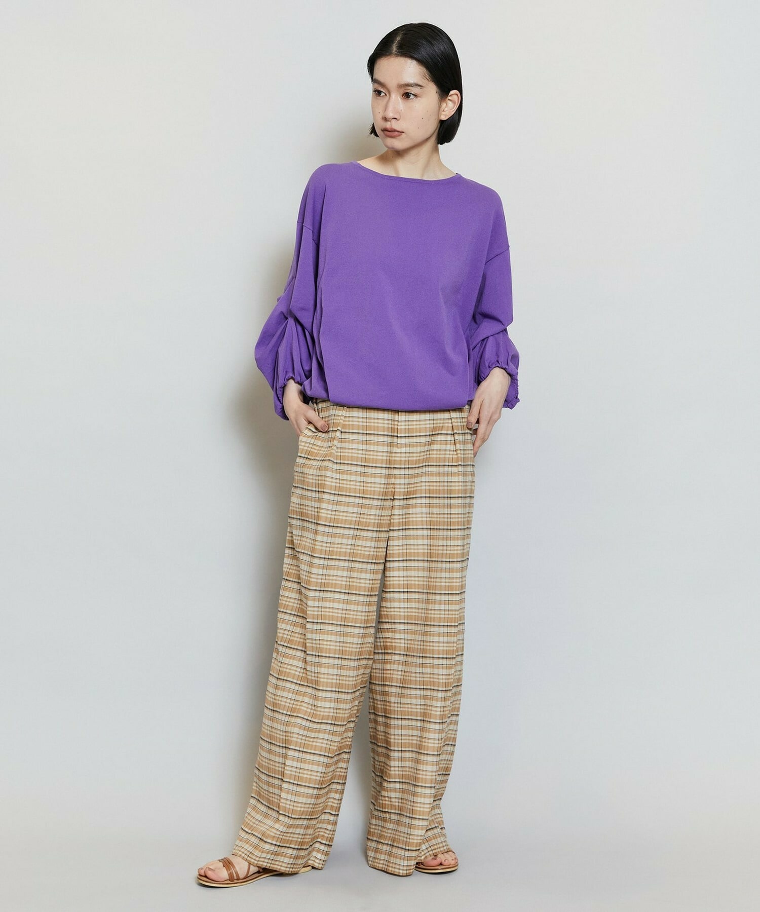 【MOGA】【Lサイズ】コットンシルクチェックセンタープレスワイドパンツ 詳細画像 ベージュ 1