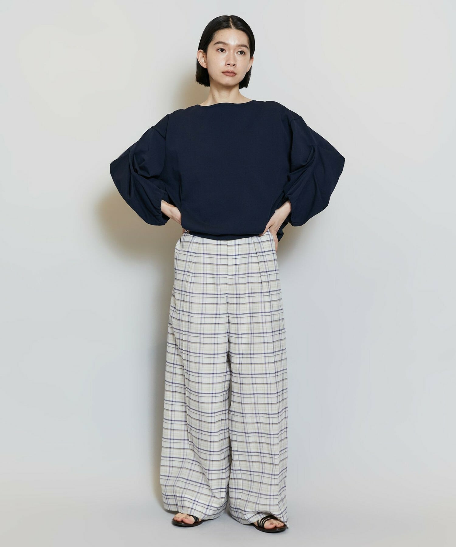 【MOGA】【Lサイズ】コットンシルクチェックセンタープレスワイドパンツ 詳細画像 ベージュ 13