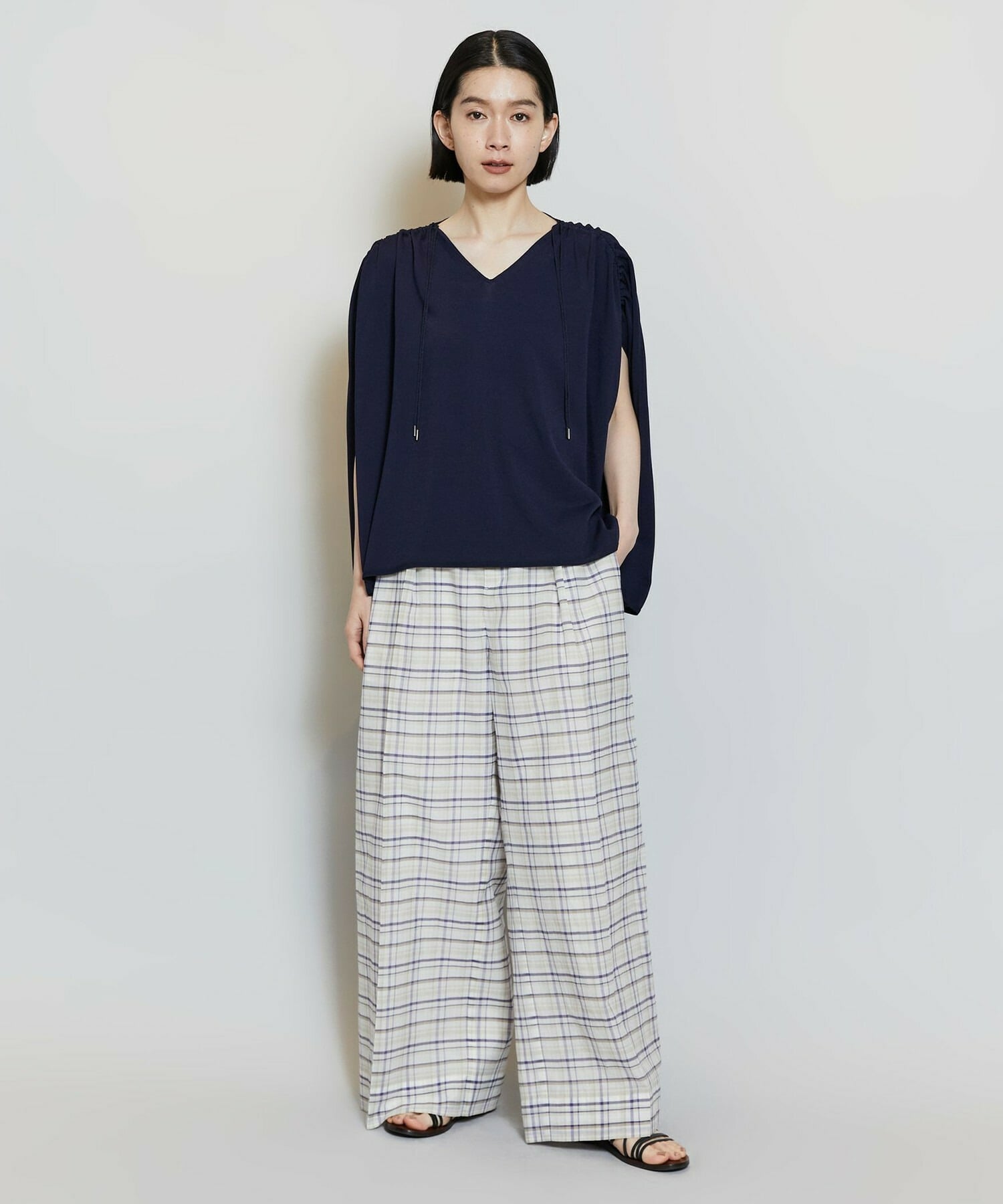 【MOGA】【Lサイズ】コットンシルクチェックセンタープレスワイドパンツ 詳細画像 ベージュ 14