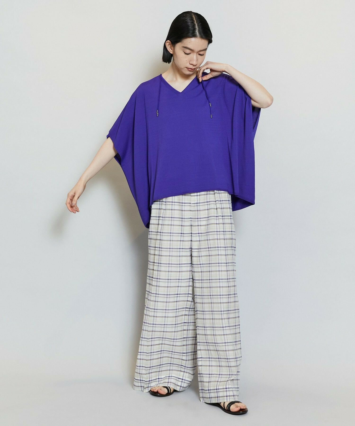 【MOGA】【Lサイズ】コットンシルクチェックセンタープレスワイドパンツ 詳細画像 ベージュ 17