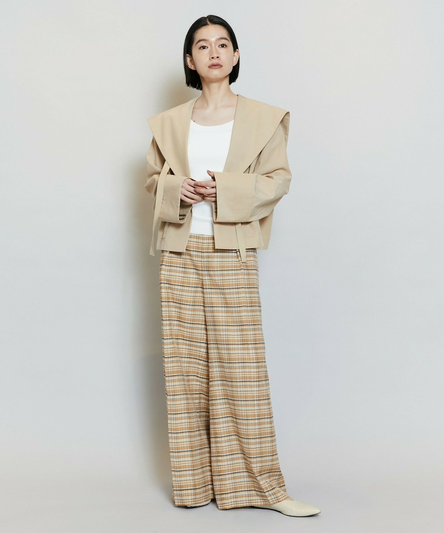 【MOGA】【Lサイズ】コットンシルクチェックセンタープレスワイドパンツ 詳細画像 ベージュ 22
