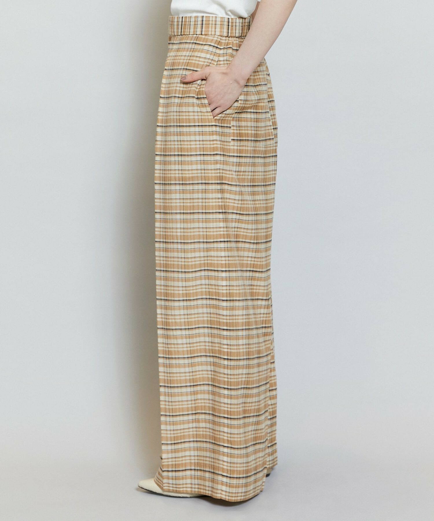 【MOGA】【Lサイズ】コットンシルクチェックセンタープレスワイドパンツ 詳細画像 ベージュ 25