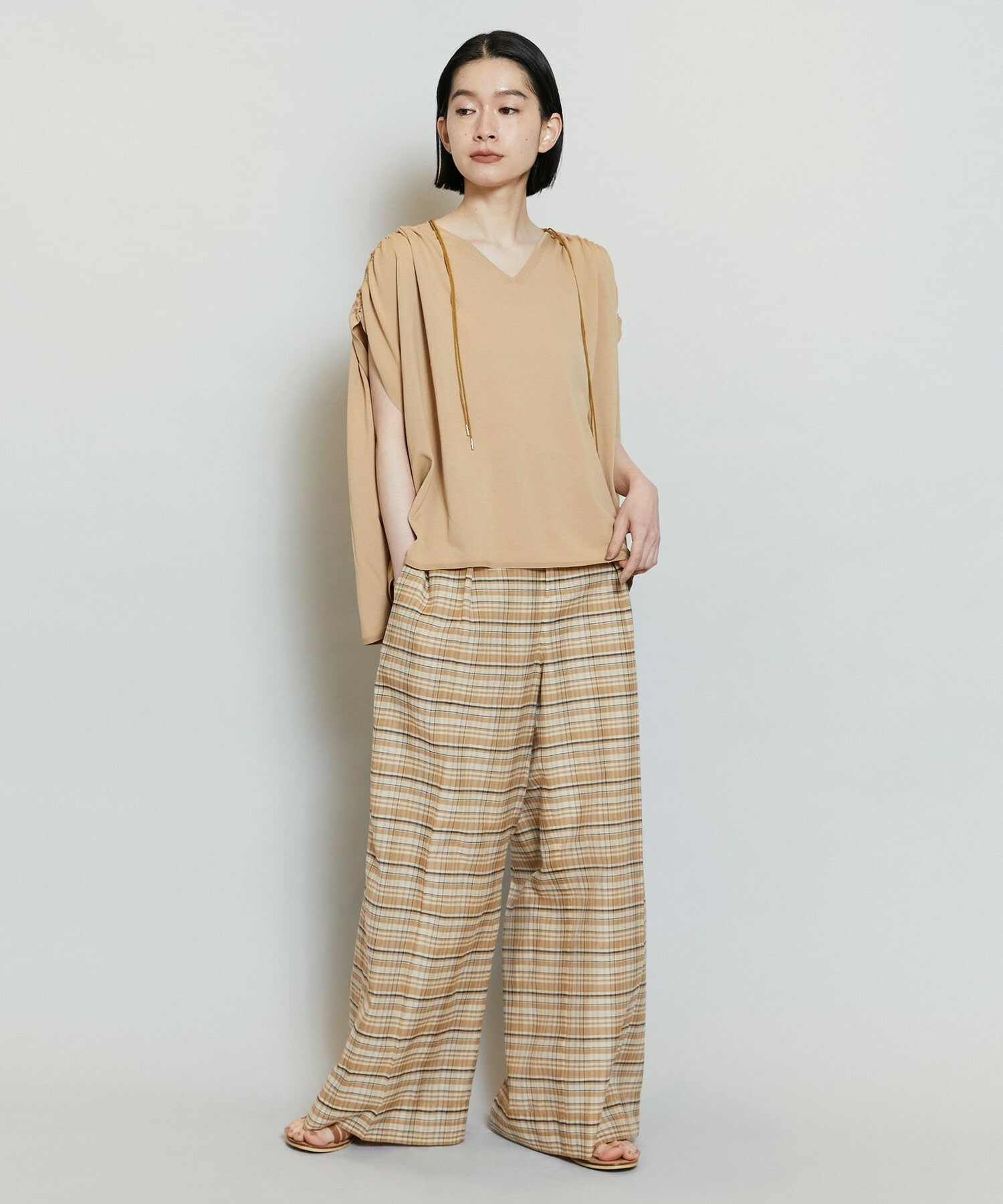 【MOGA】【Lサイズ】コットンシルクチェックセンタープレスワイドパンツ 詳細画像 ベージュ 3