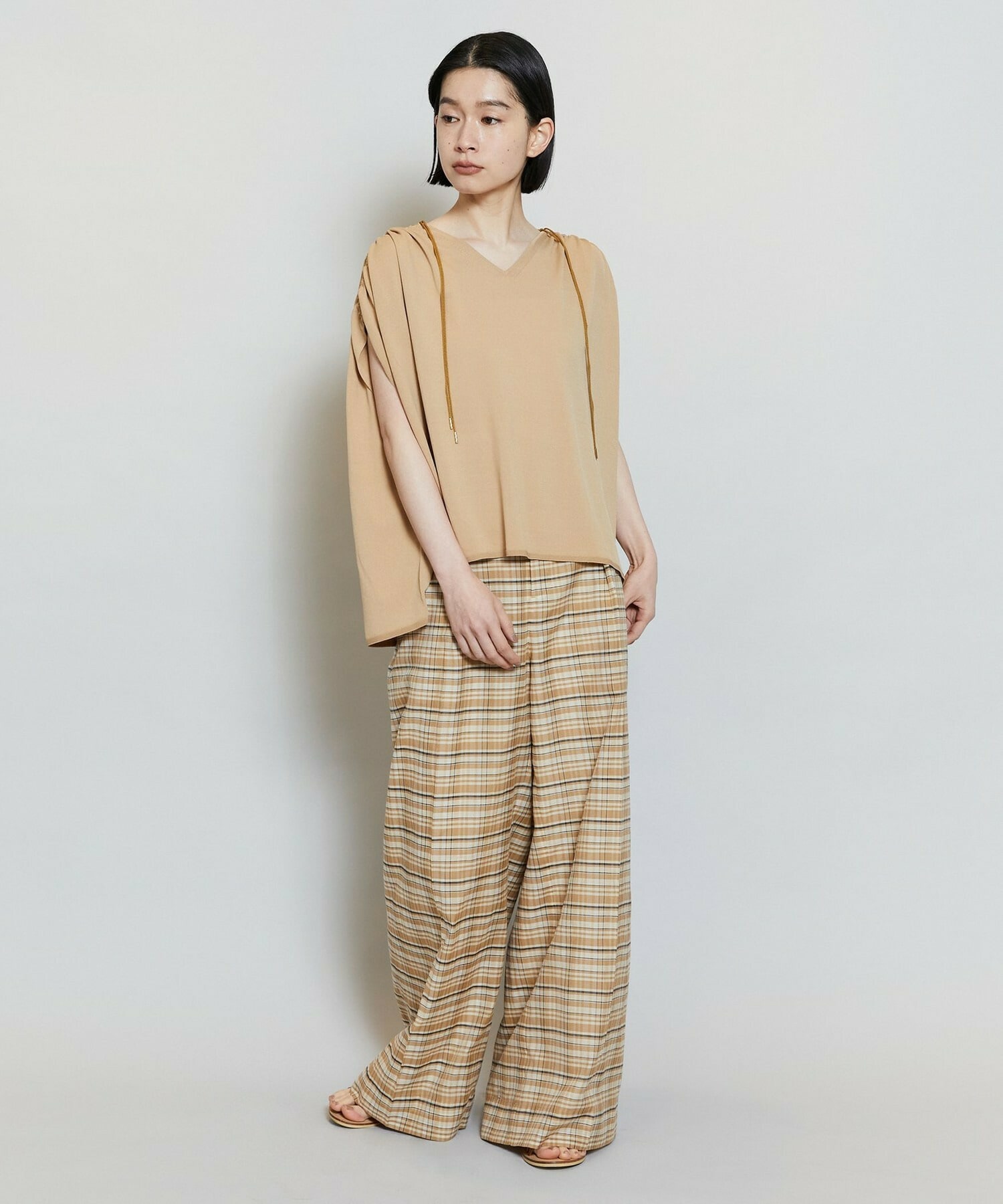 【MOGA】【Lサイズ】コットンシルクチェックセンタープレスワイドパンツ 詳細画像 ベージュ 4