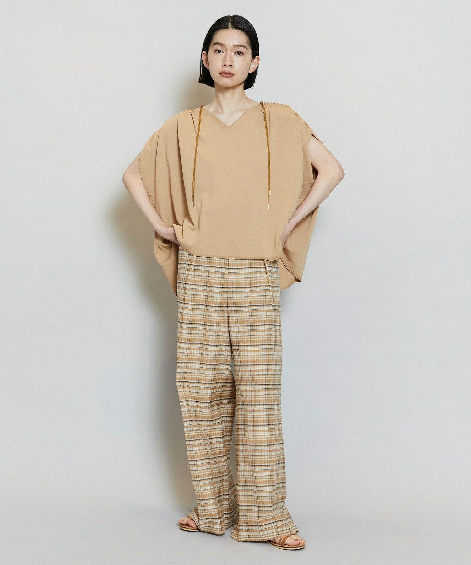 【MOGA】【Lサイズ】コットンシルクチェックセンタープレスワイドパンツ 詳細画像 ベージュ 5