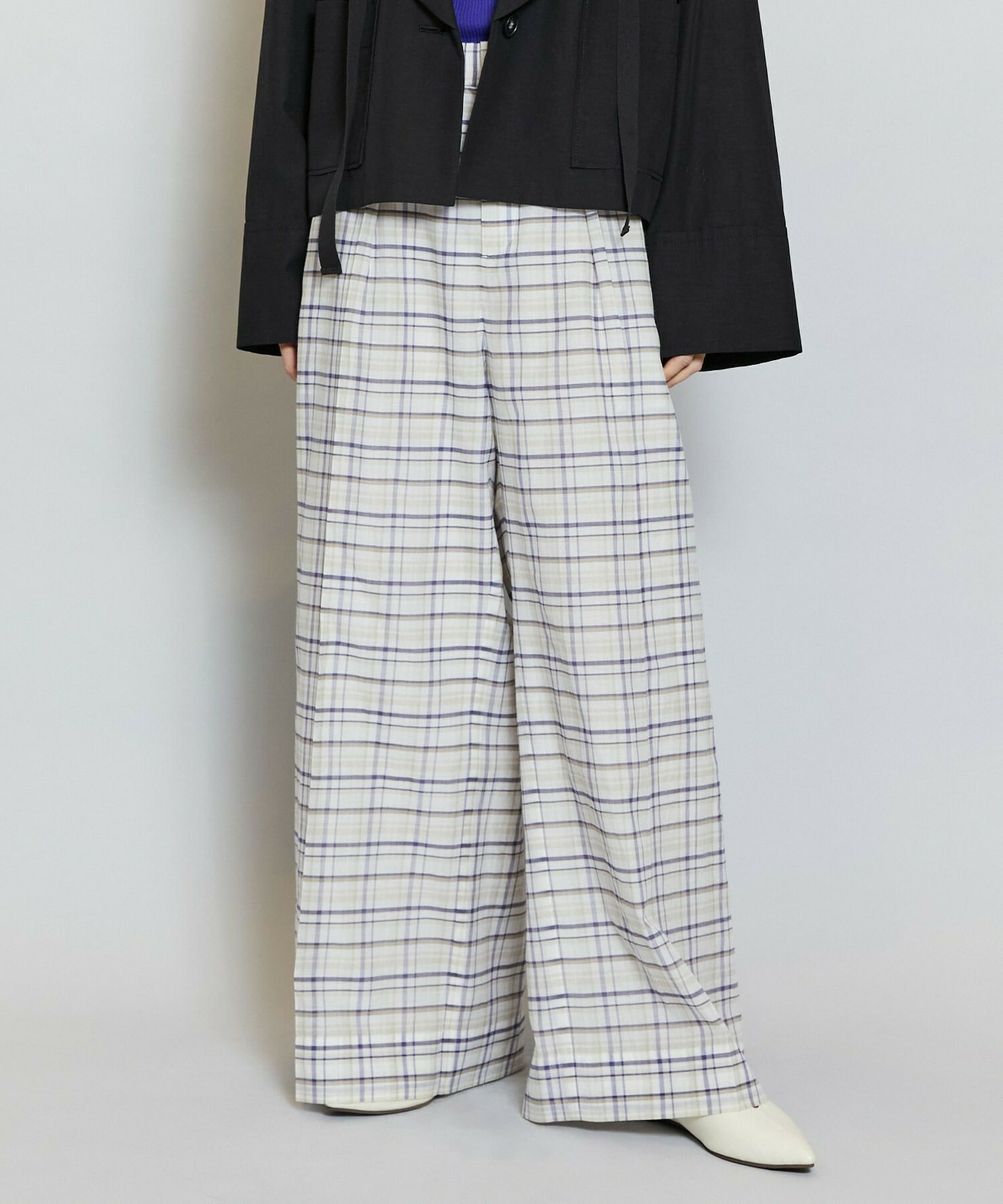 【MOGA】【Lサイズ】コットンシルクチェックセンタープレスワイドパンツ 詳細画像 オフホワイト 2