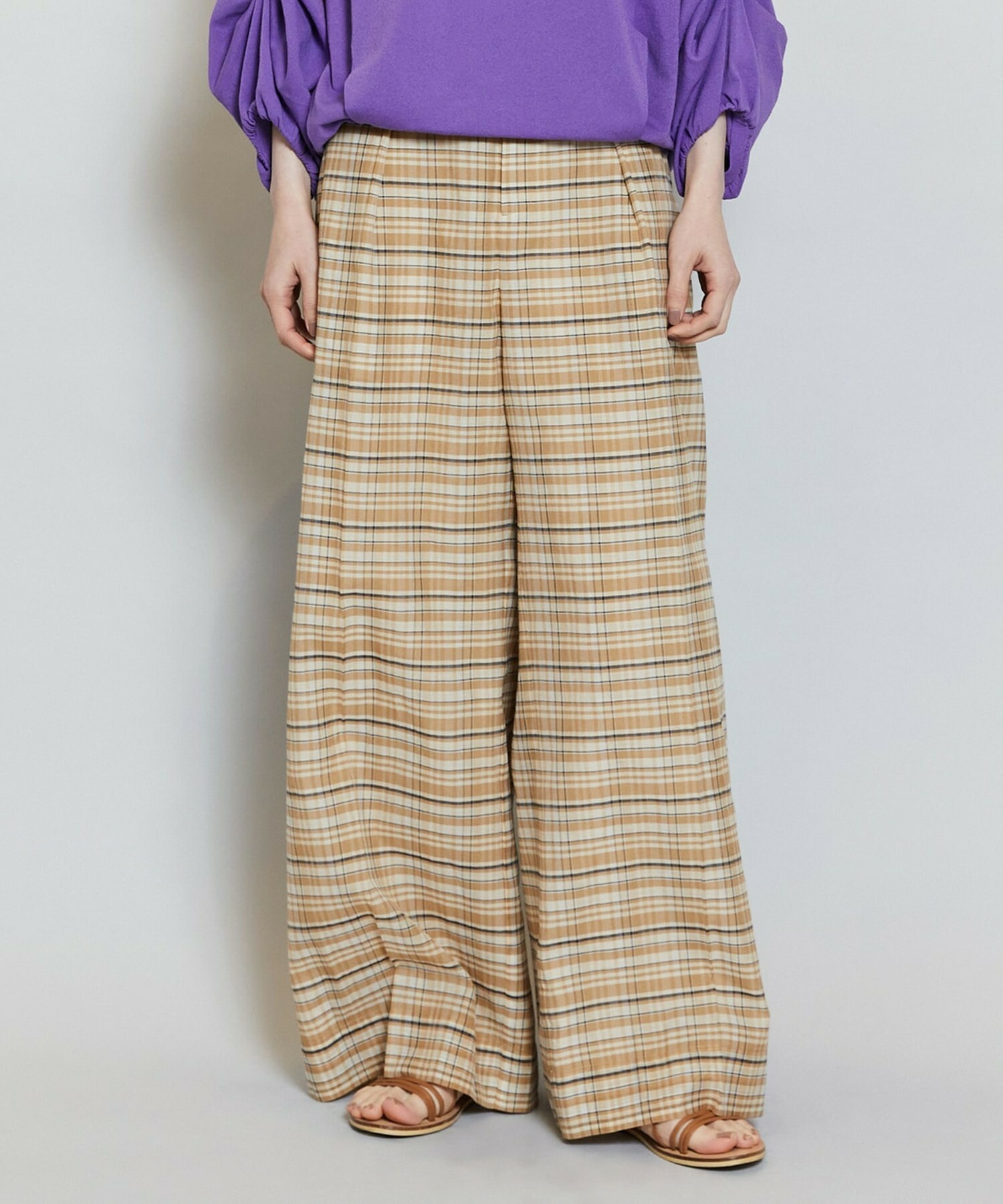 【MOGA】【Lサイズ】コットンシルクチェックセンタープレスワイドパンツ 詳細画像 ベージュ 2