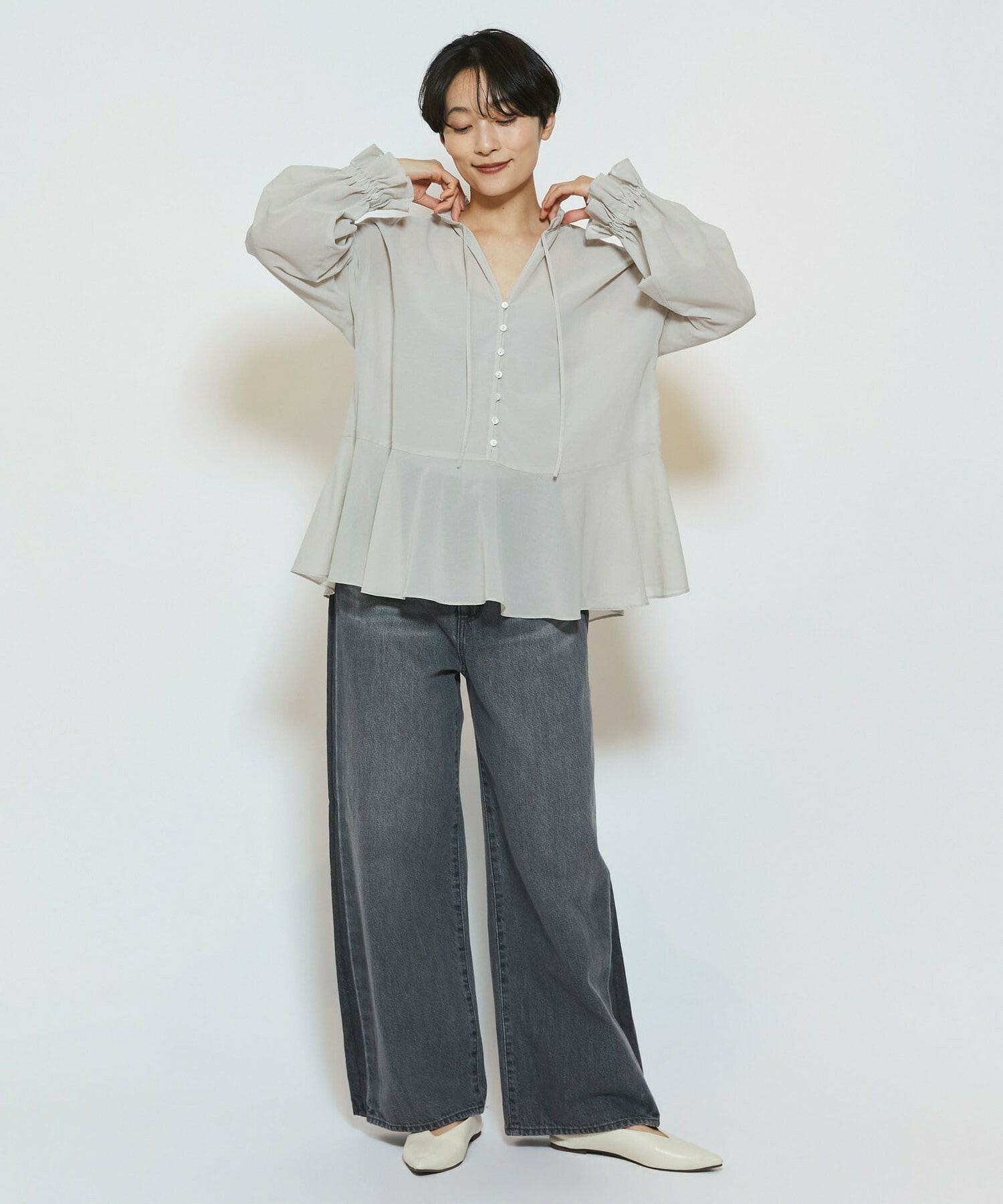 【feerique】【Lサイズ】feerique コットンポリシフォンAラインシルエットブラウス 詳細画像 ダークネイビー 15