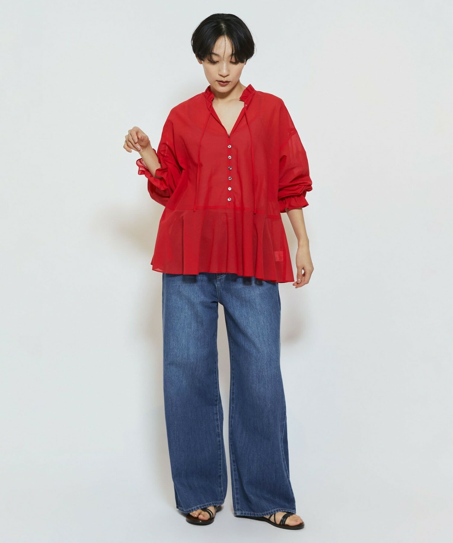 【feerique】【Lサイズ】feerique コットンポリシフォンAラインシルエットブラウス 詳細画像 ダークネイビー 5