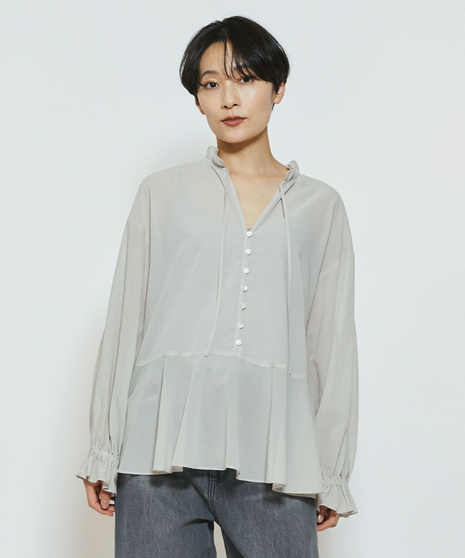 【feerique】【Lサイズ】feerique コットンポリシフォンAラインシルエットブラウス 詳細画像 グレー系その他 2