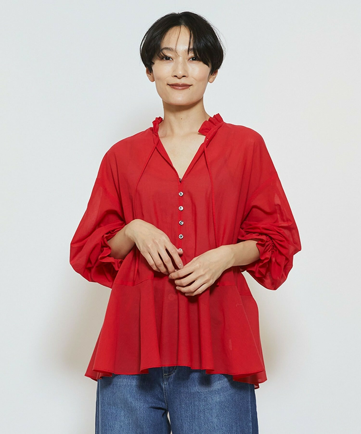 【feerique】【Lサイズ】feerique コットンポリシフォンAラインシルエットブラウス 詳細画像 レッド 2