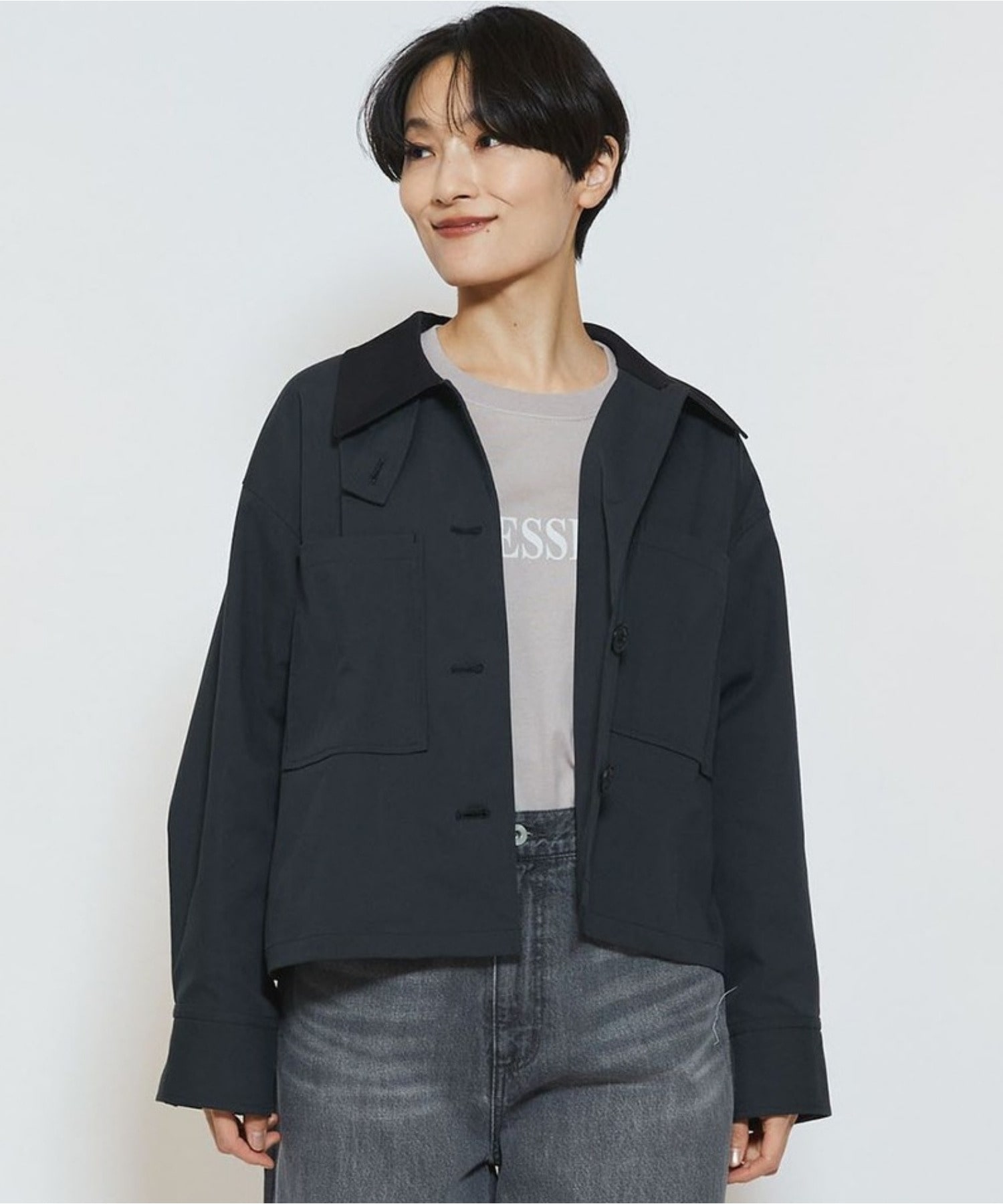 【feerique】【Lサイズ】feerique ポリエステルツイルワイドクロップドジャケット 詳細画像 チャコールグレー 2