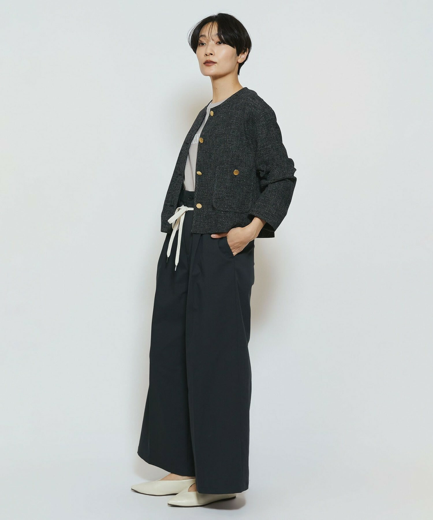 【feerique】【Lサイズ】feerique ポリエステルツイルワイドチノパンツ 詳細画像 チャコールグレー 3