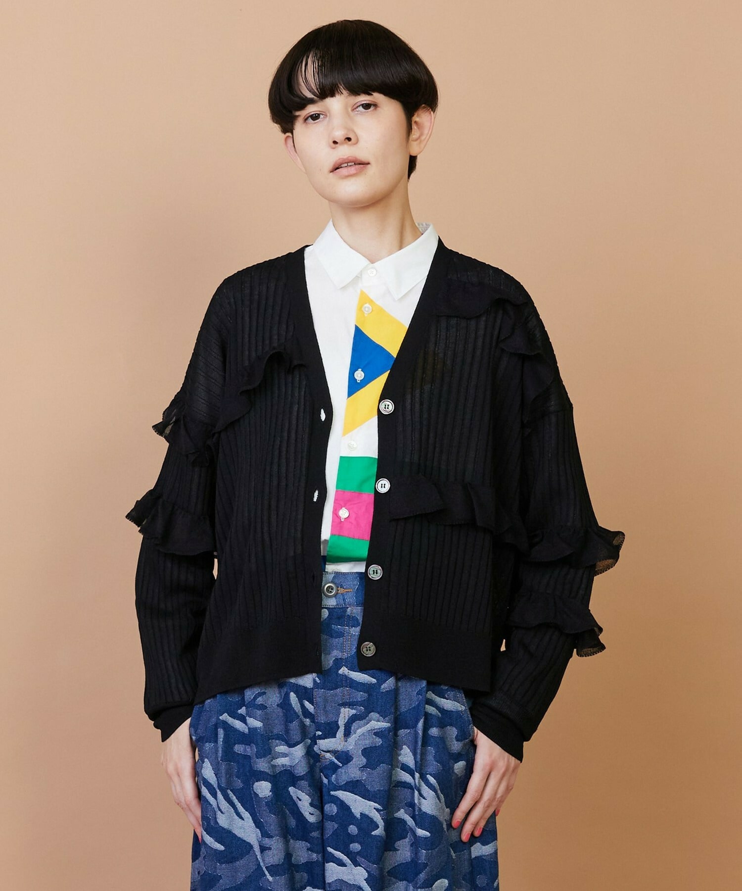 【FRAPBOIS】シアーフリル カーディガン 詳細画像 ブラック 1