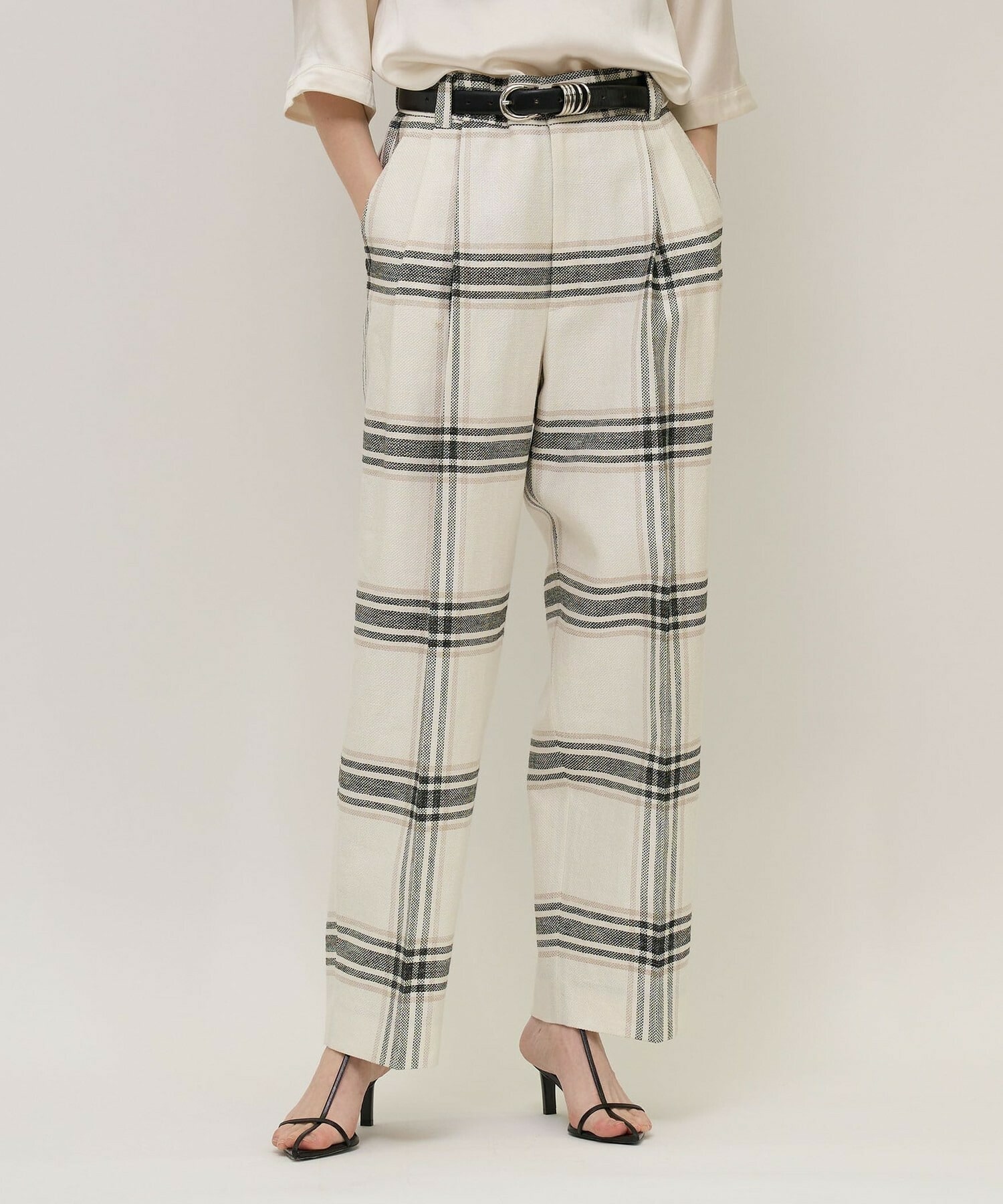 【unbilanc】リネンチェックローラマイルストークパンツ 詳細画像 ホワイト系その他 1